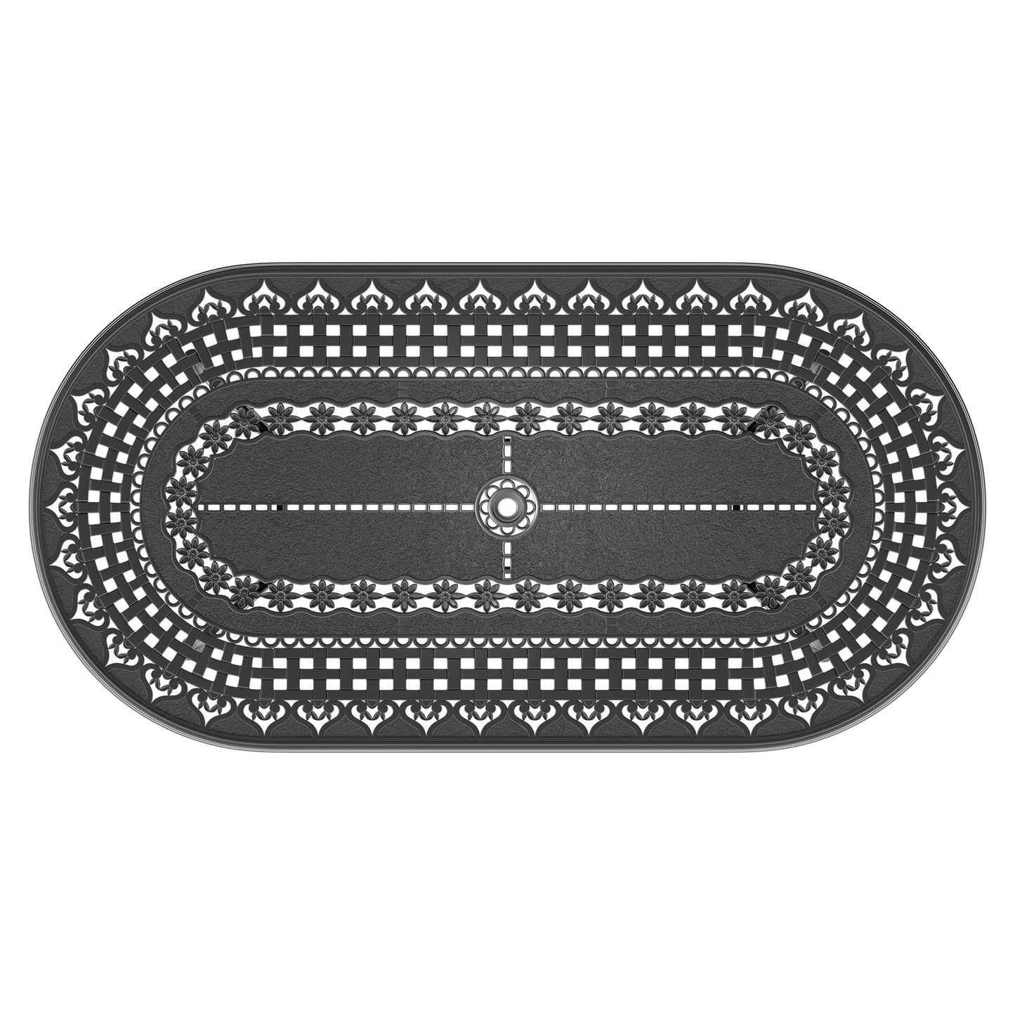 Oval cast iron table top with ornate floral and lattice details