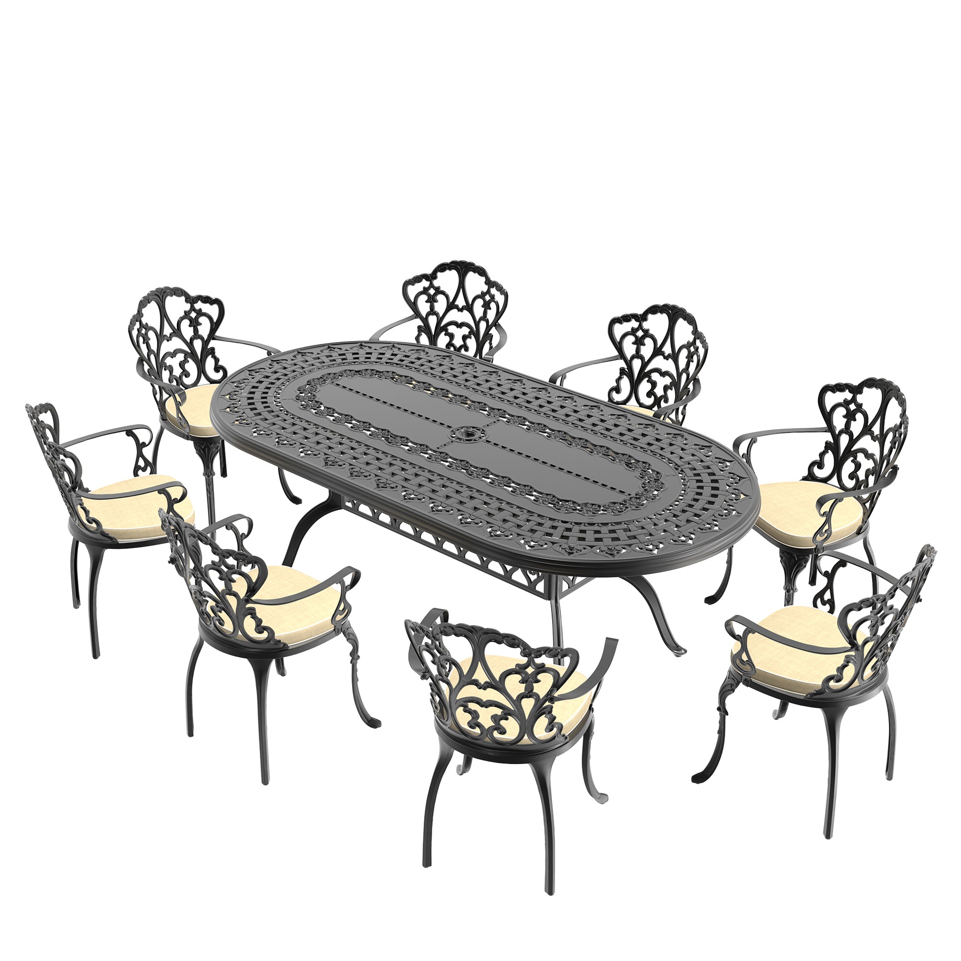 Black cast iron patio dining set with ornate chairs and oval table