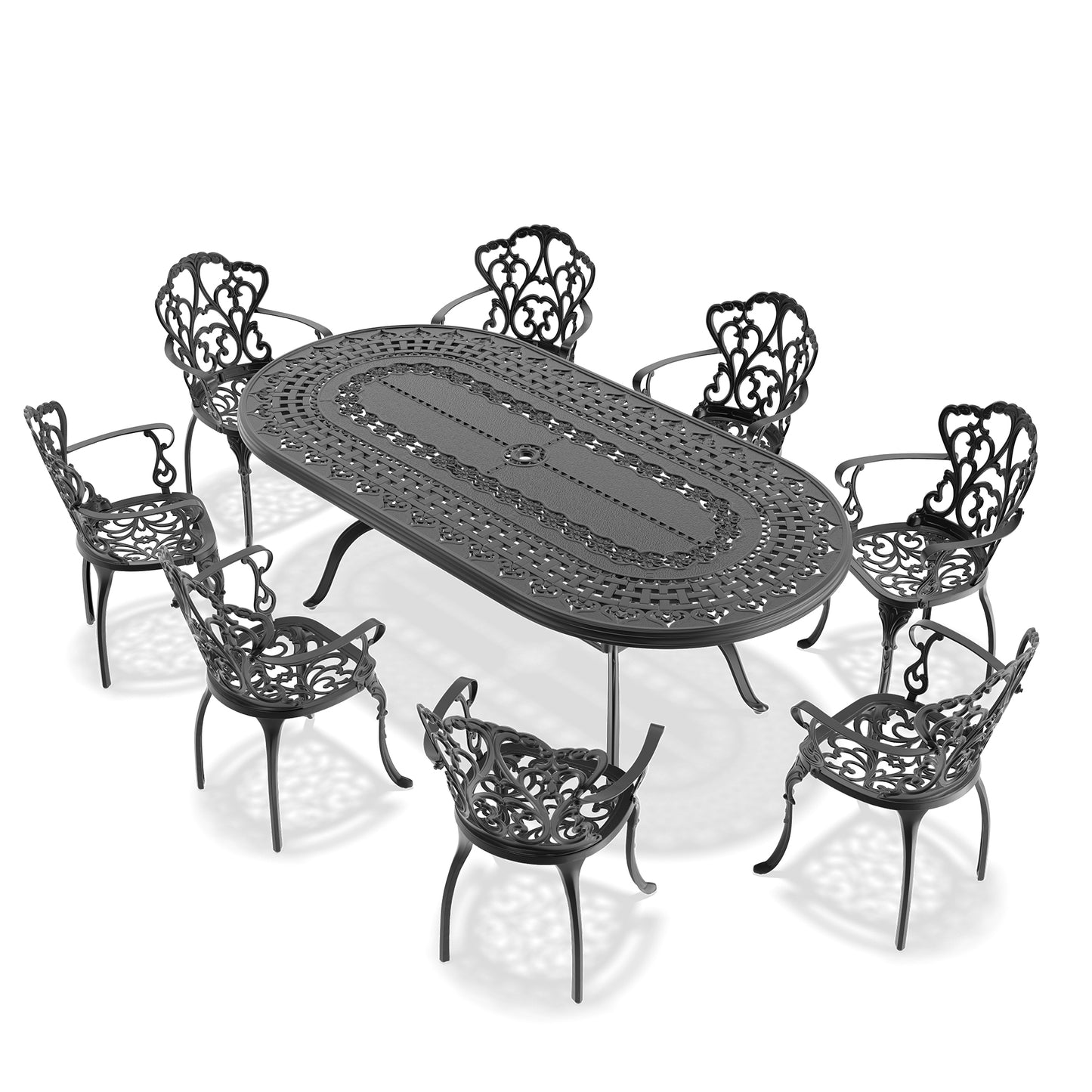 Black ornate cast aluminum patio dining set with oval table and six chairs