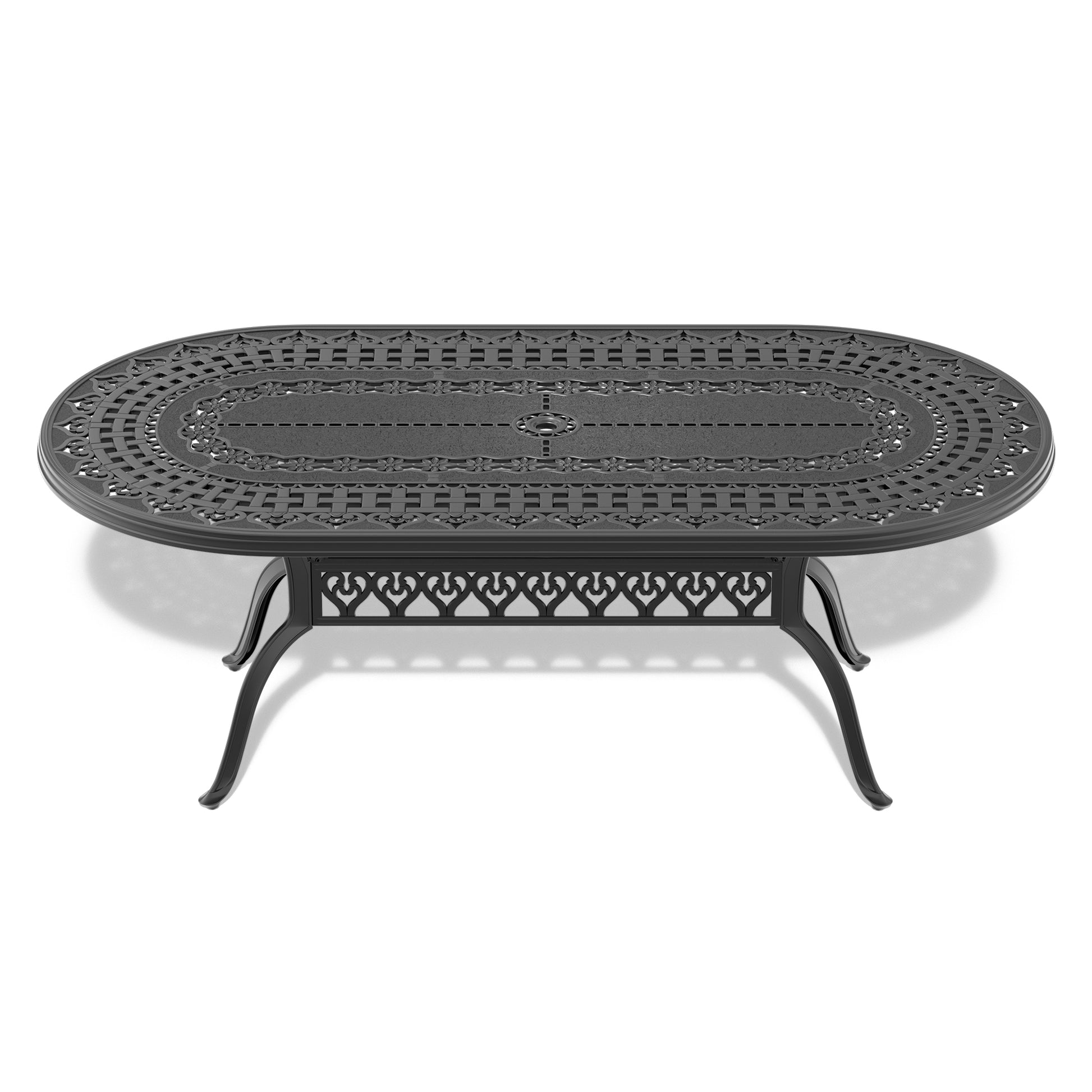 Ornate dark grey oval cast aluminum patio table with intricate lattice and floral detailing