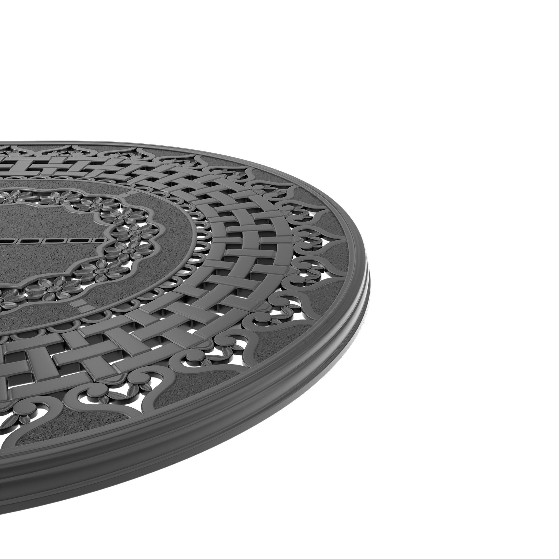 Dark gray cast aluminum patio table with intricate floral and woven pattern