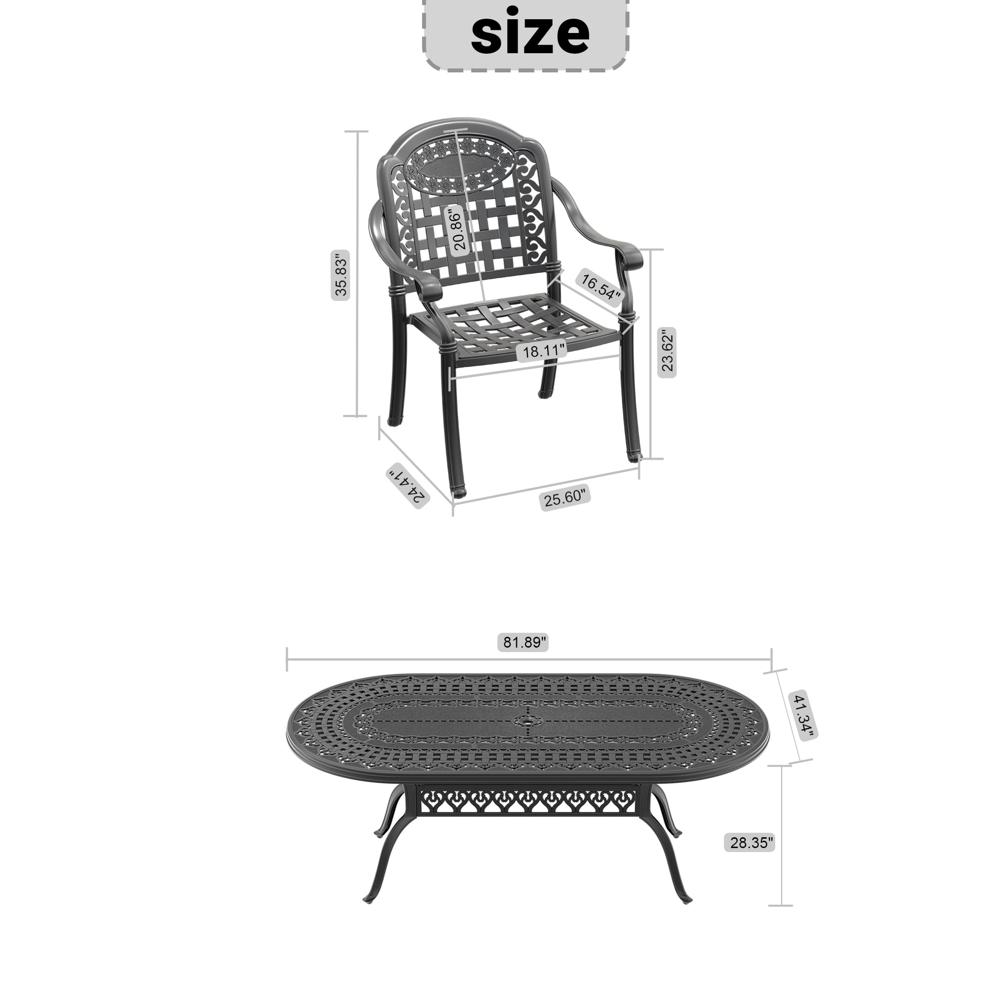Ornate dark grey cast aluminum patio chair with intricate detailing and dimensions shown
