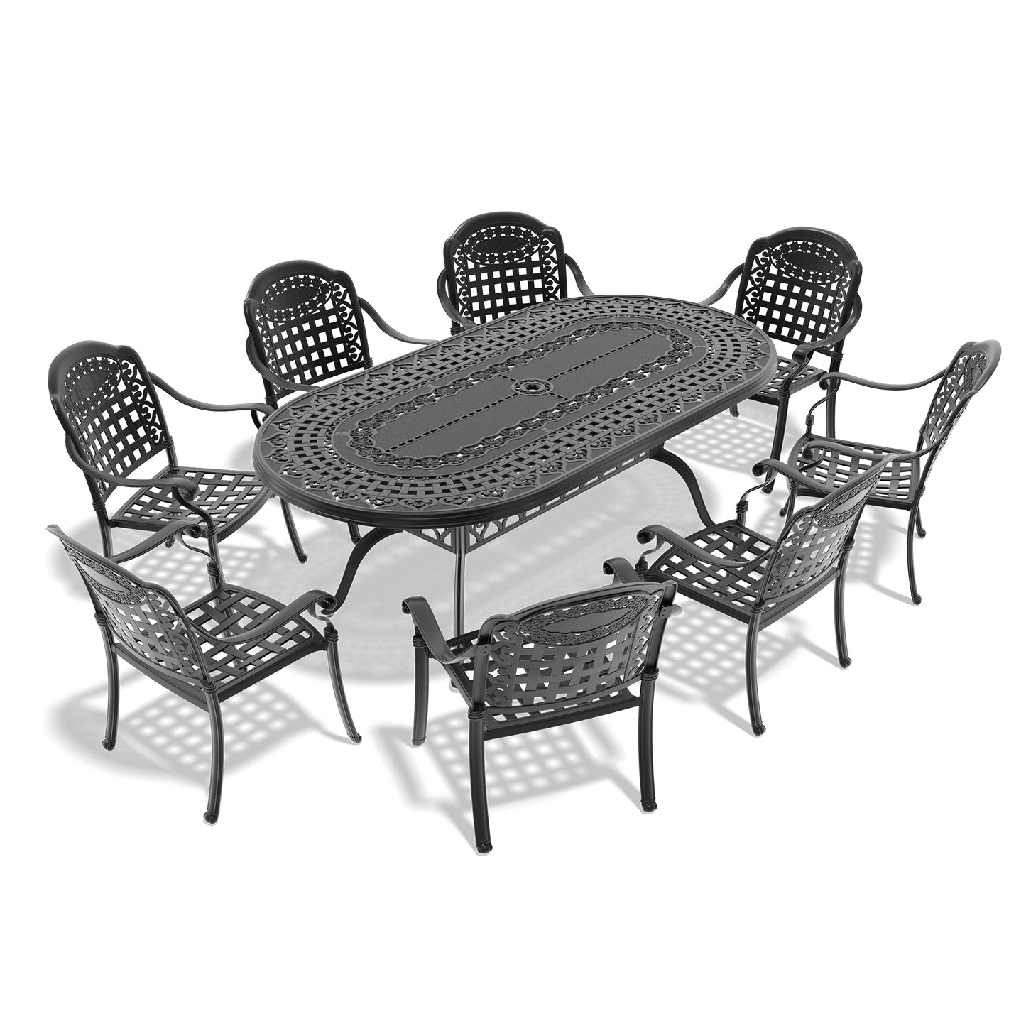 Dark grey ornate cast aluminum patio dining set with oval table and eight chairs