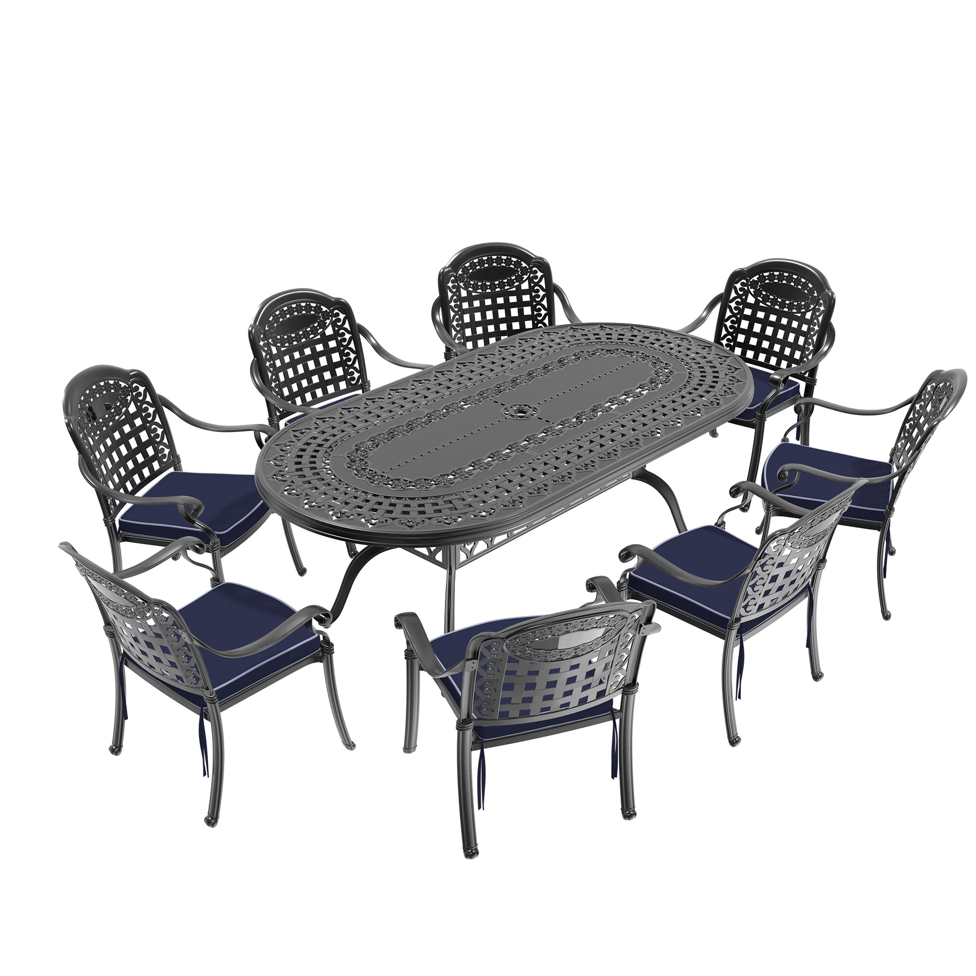 Cast iron dining set featuring an oval table and six chairs with navy cushions
