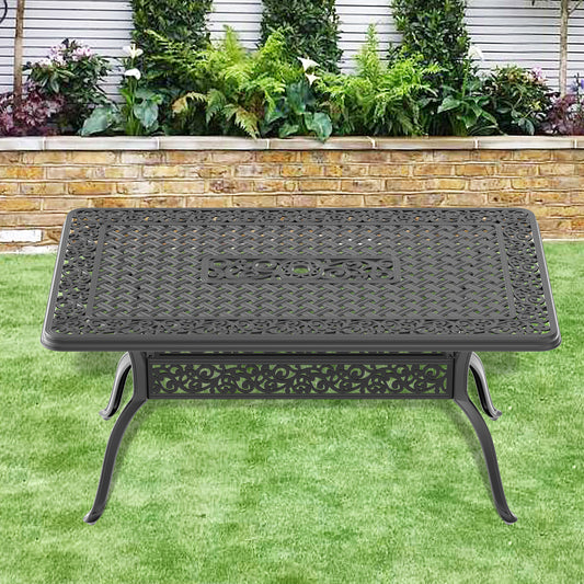 Ornate dark grey cast aluminum rectangular patio table with intricate scrollwork design