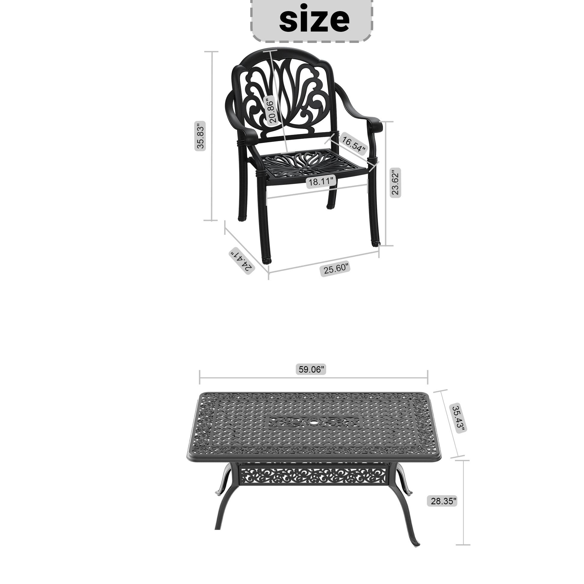Ornate black cast aluminum patio chair with detailed scrollwork and comfortable armrests measuring  inches tall
