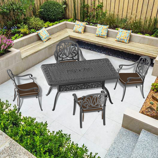Dark grey ornate cast aluminum dining set with brown seat cushions