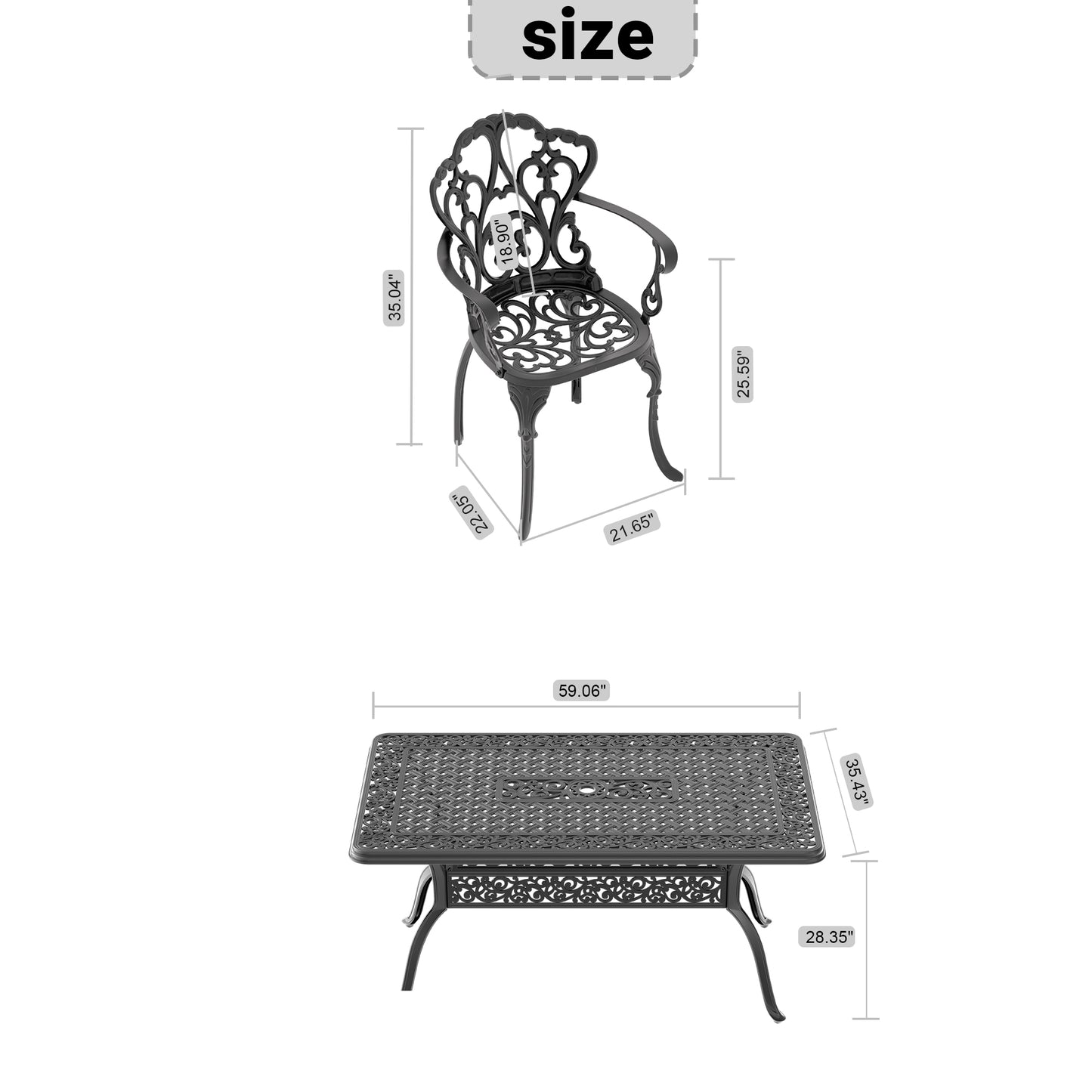 Black ornate cast aluminum patio chair with intricate scrollwork details