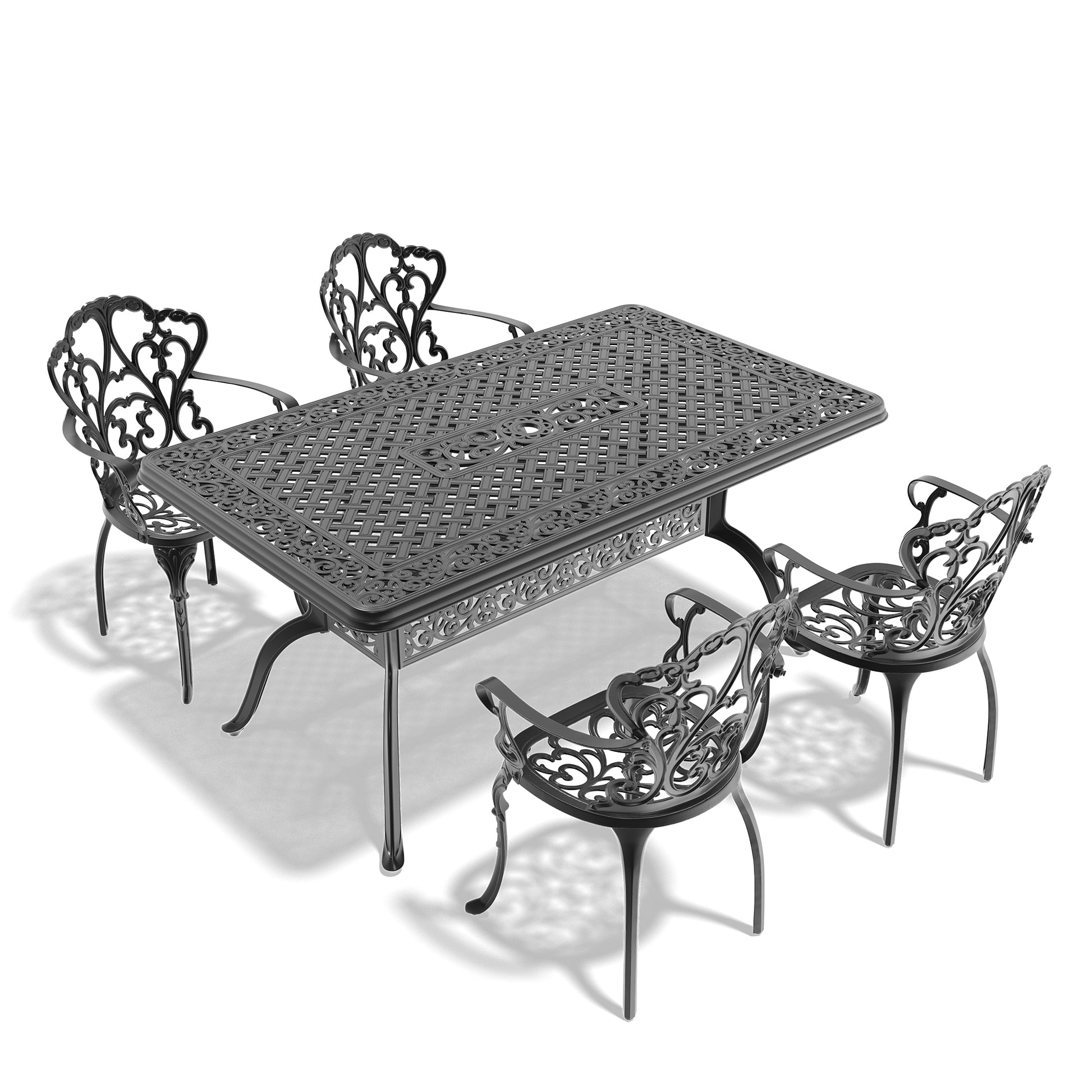 Ornate black cast aluminum patio dining set with ornate chairs and table