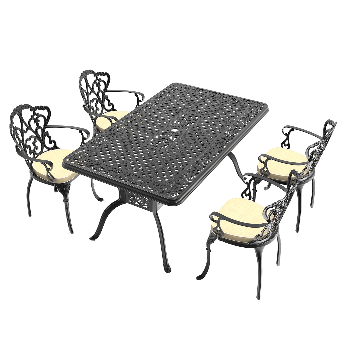 Ornate black cast aluminum patio dining set with beige cushions