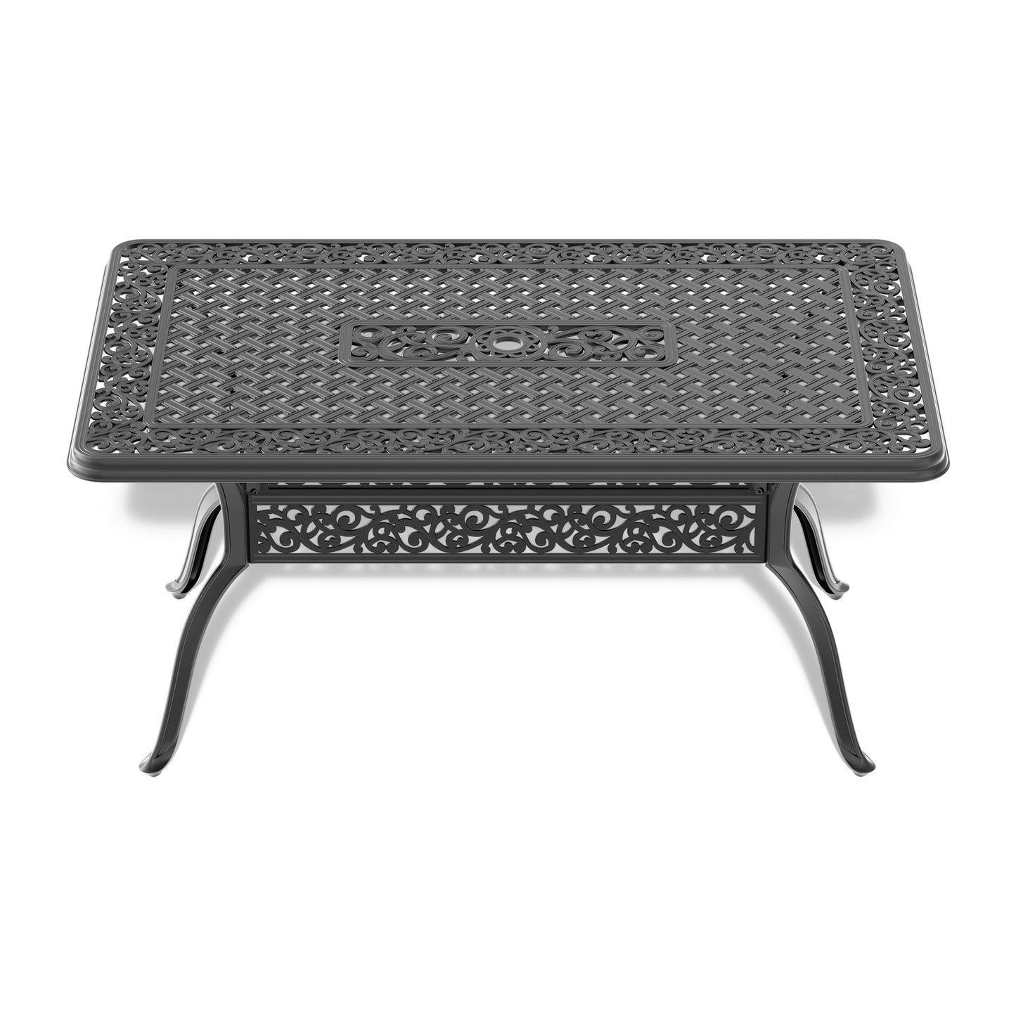 Ornate dark grey cast aluminum rectangular patio coffee table with intricate scrollwork and woven pattern