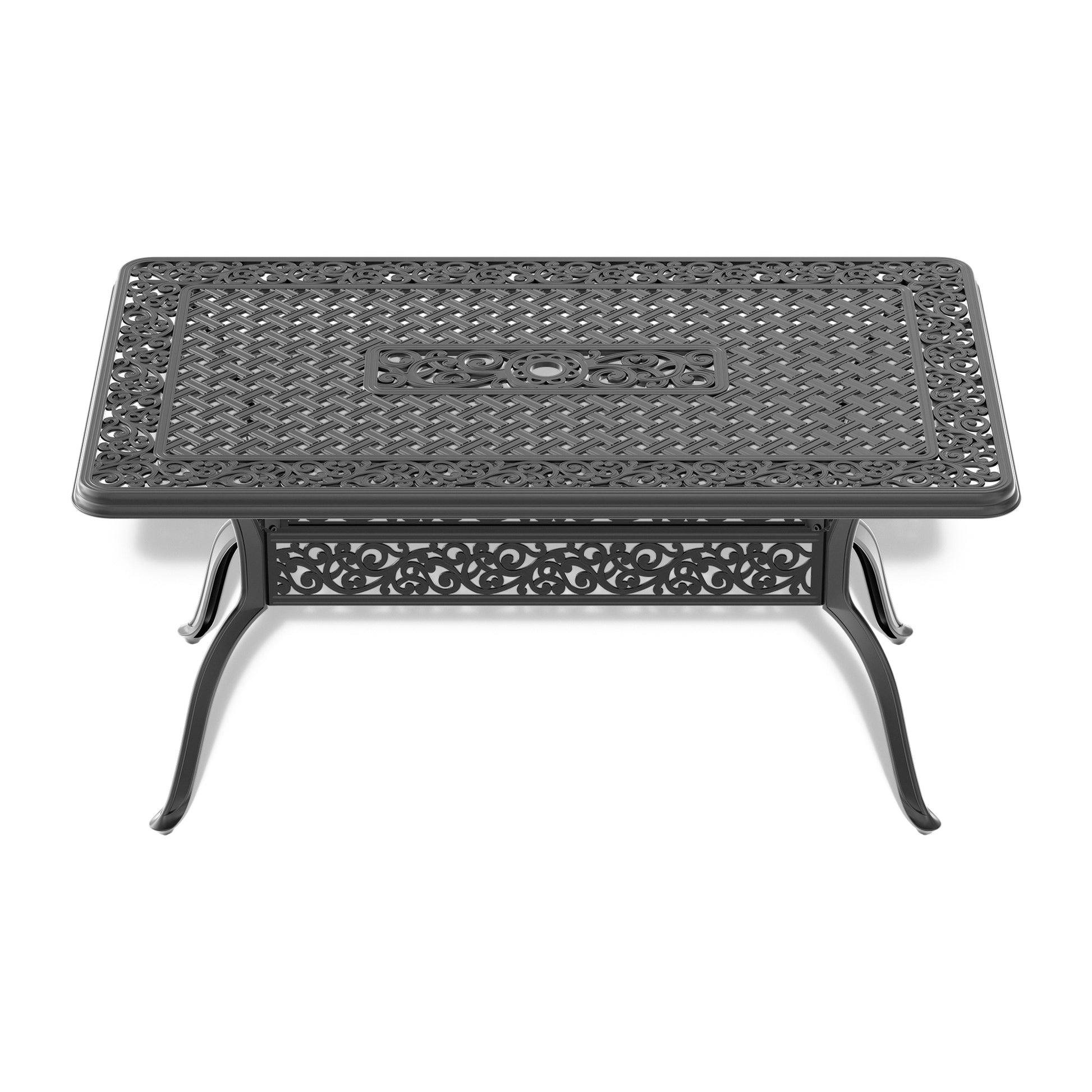 Ornate dark grey cast aluminum rectangular patio coffee table with intricate scrollwork and woven pattern