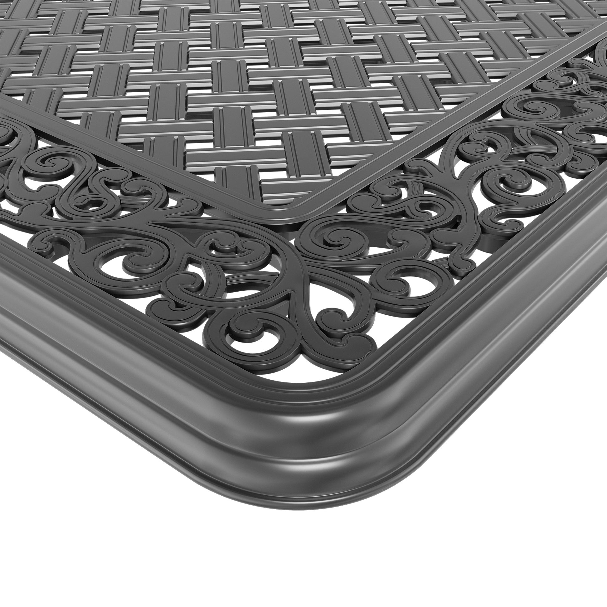 Dark grey cast iron table top with ornate scrollwork and woven pattern