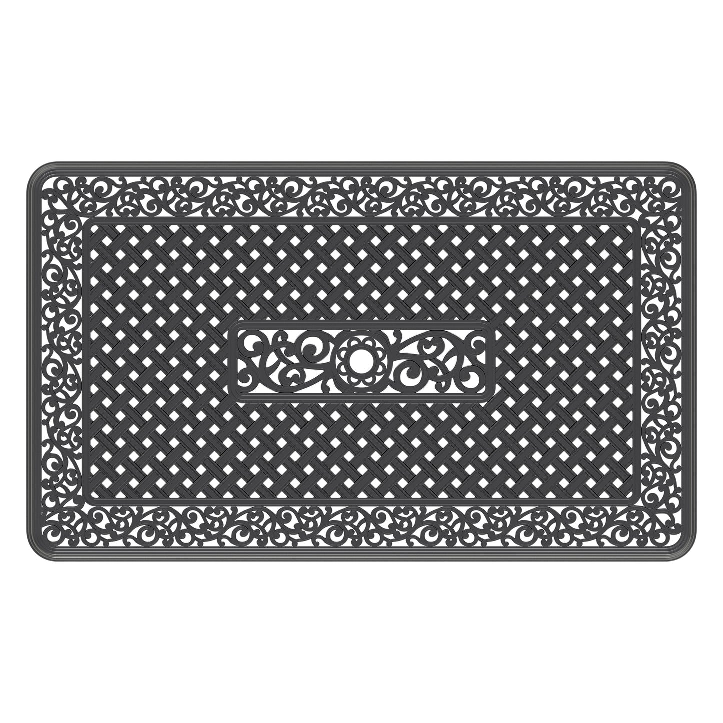 Ornate scrollwork wrought iron doormat with woven lattice pattern