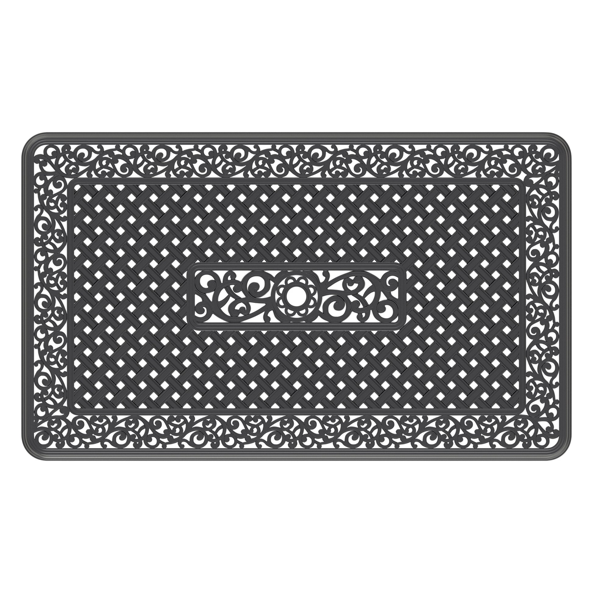 Ornate scrollwork wrought iron doormat with woven lattice pattern
