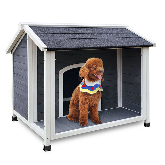 Grey wooden dog house with peaked roof perfect for small to medium pets