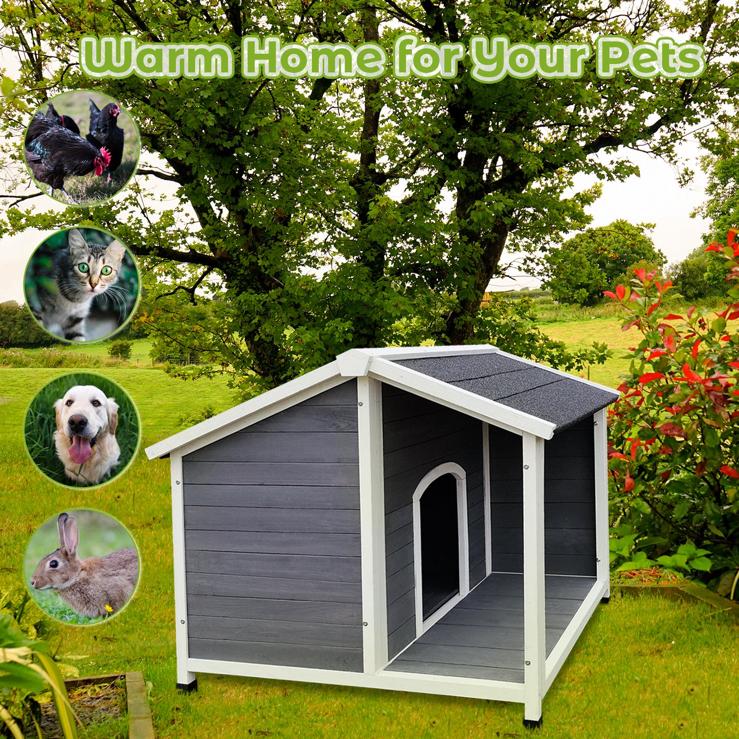Dark grey wooden dog house with white trim featuring a porch and arched doorway