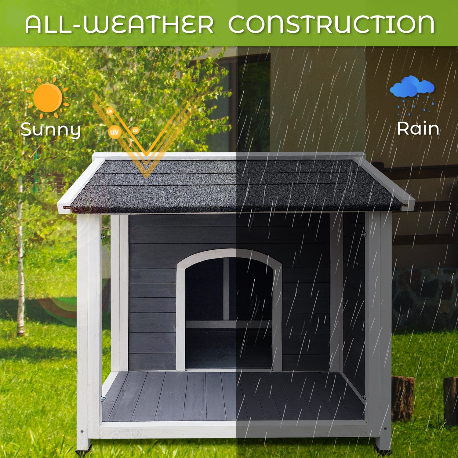 Dark gray wooden dog house with white trim and a pitched roof designed for allweather outdoor use