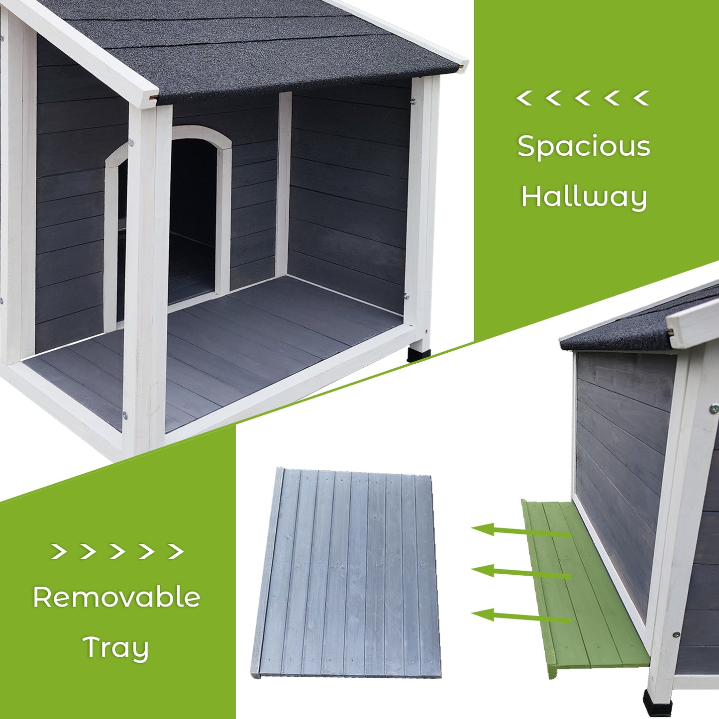 Gray and white wooden dog house with spacious interior layout