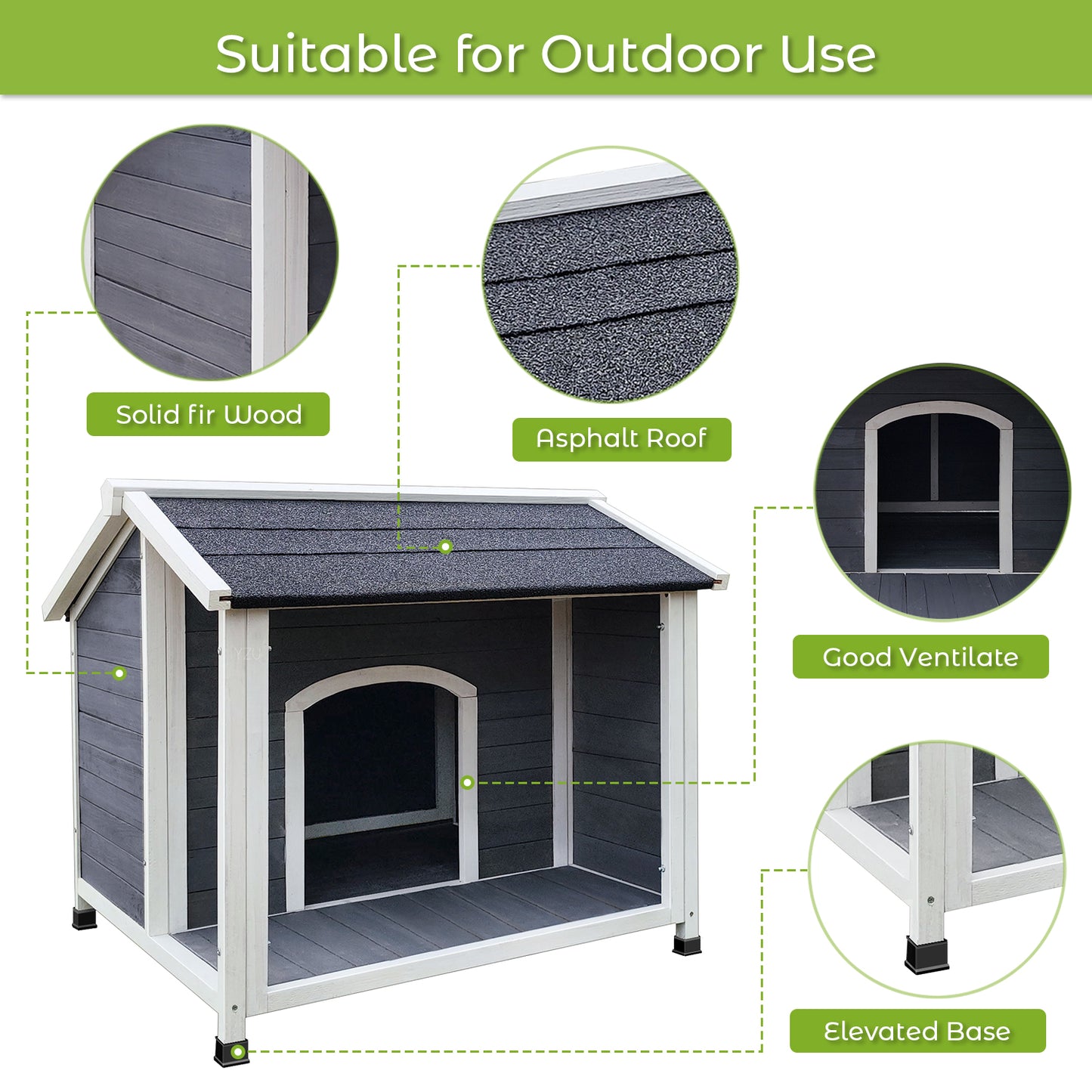 Dark gray solid fir wood dog house with asphalt roof and elevated base