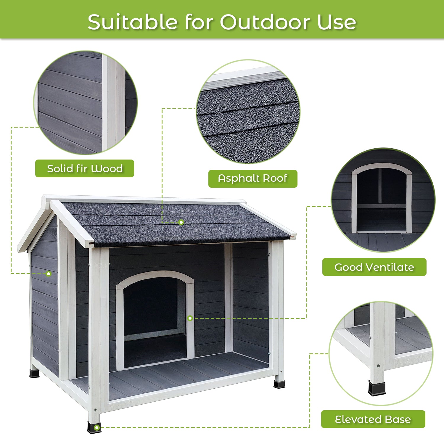 Dark gray solid fir wood dog house with asphalt roof and elevated base