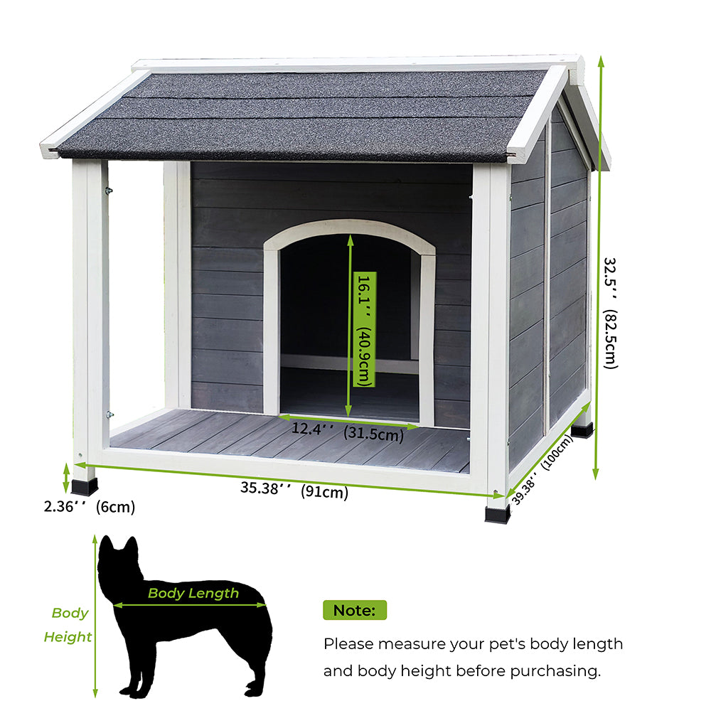 Dark gray wooden dog house with white trim and a pitched roof ideal for outdoor pet shelter