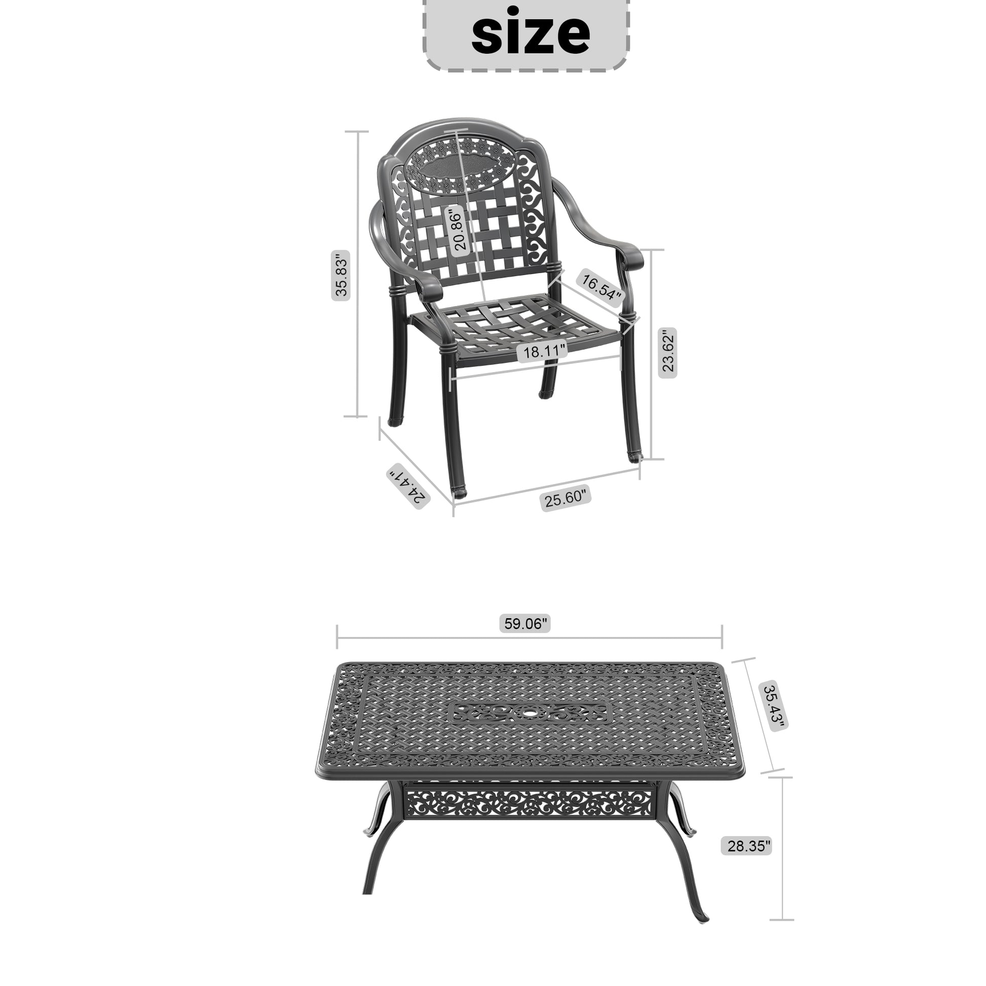 Ornate dark gray cast aluminum patio chair with detailed lattice back and arms