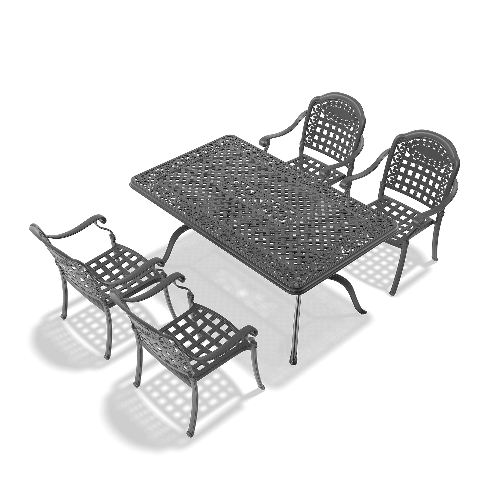 Ornate dark grey cast aluminum dining set with intricately woven back chairs