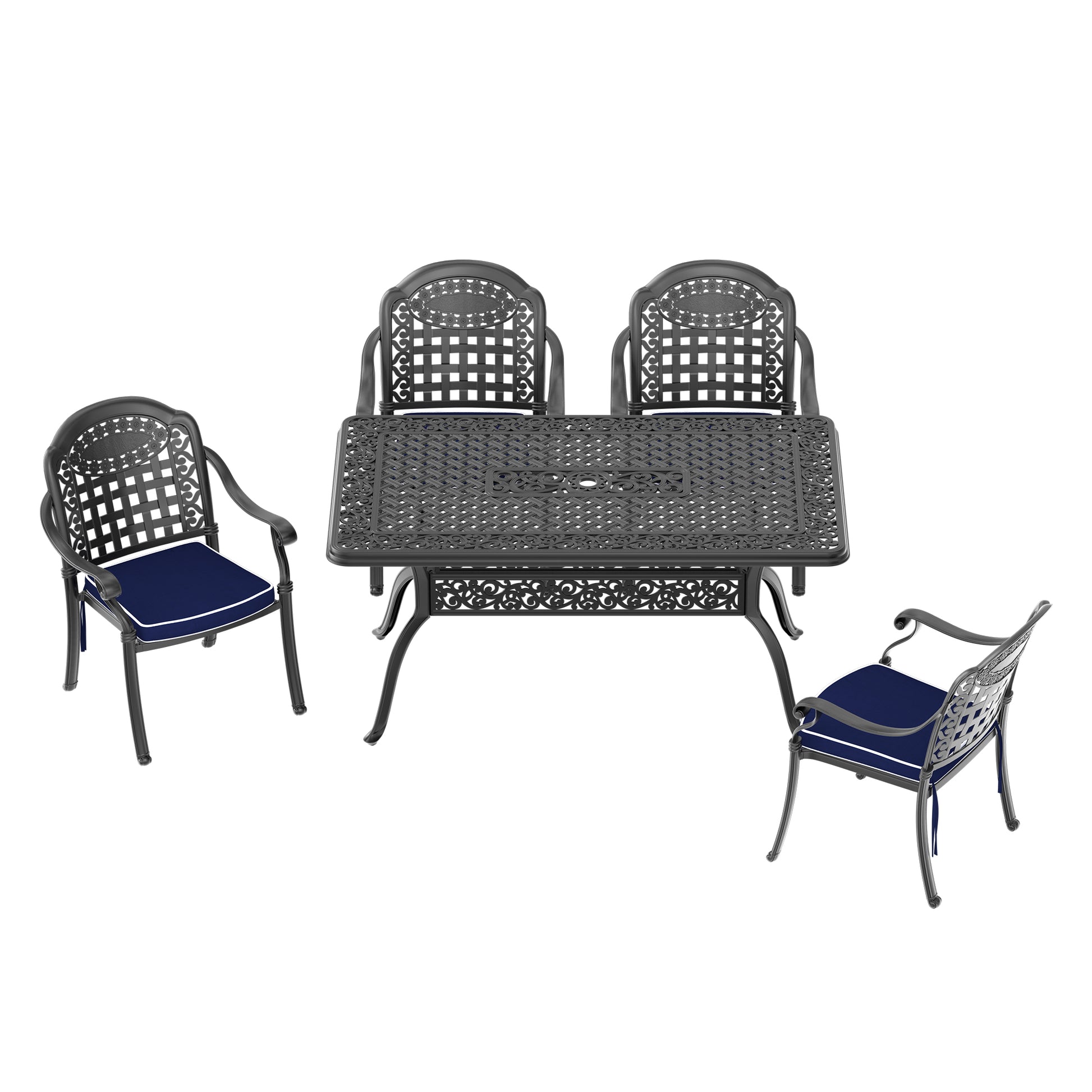 Ornate dark grey cast aluminum dining set with navy cushions