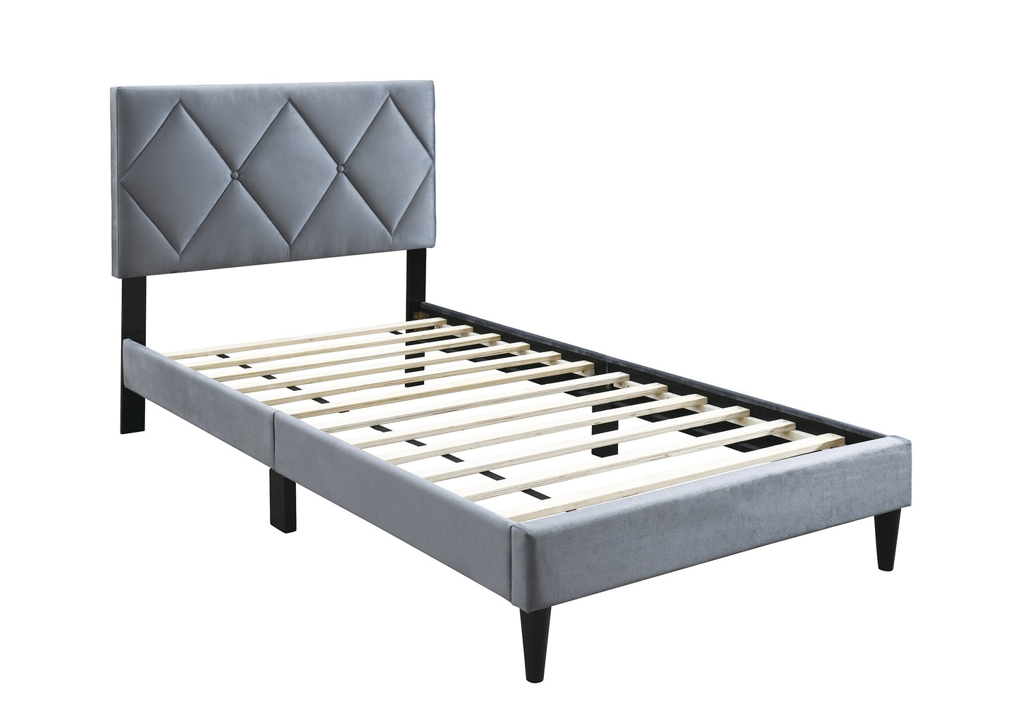 Grey velvet upholstered twin bed frame with diamond tufted headboard and wooden slats