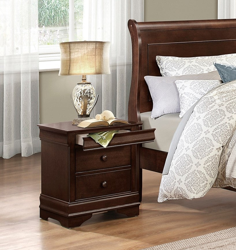 Dark brown wooden nightstand with two drawers one open next to a bed