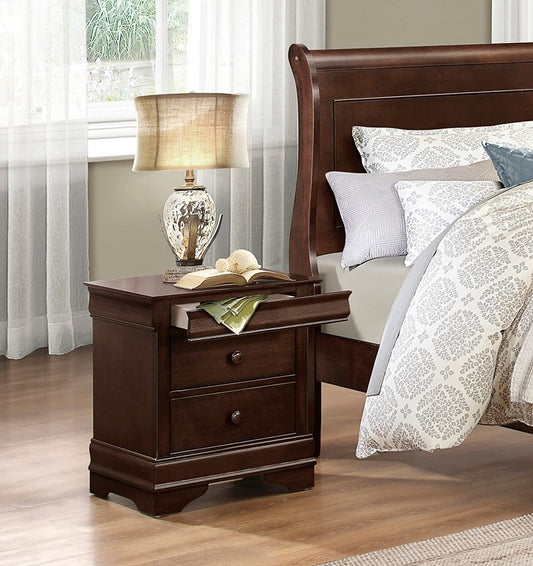 Dark brown wooden nightstand with two drawers one open next to a bed