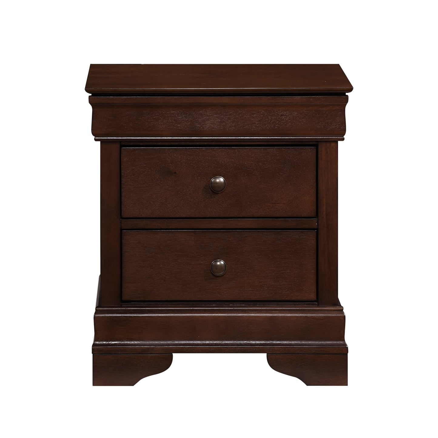 Dark wood twodrawer nightstand with brushed nickel knobs