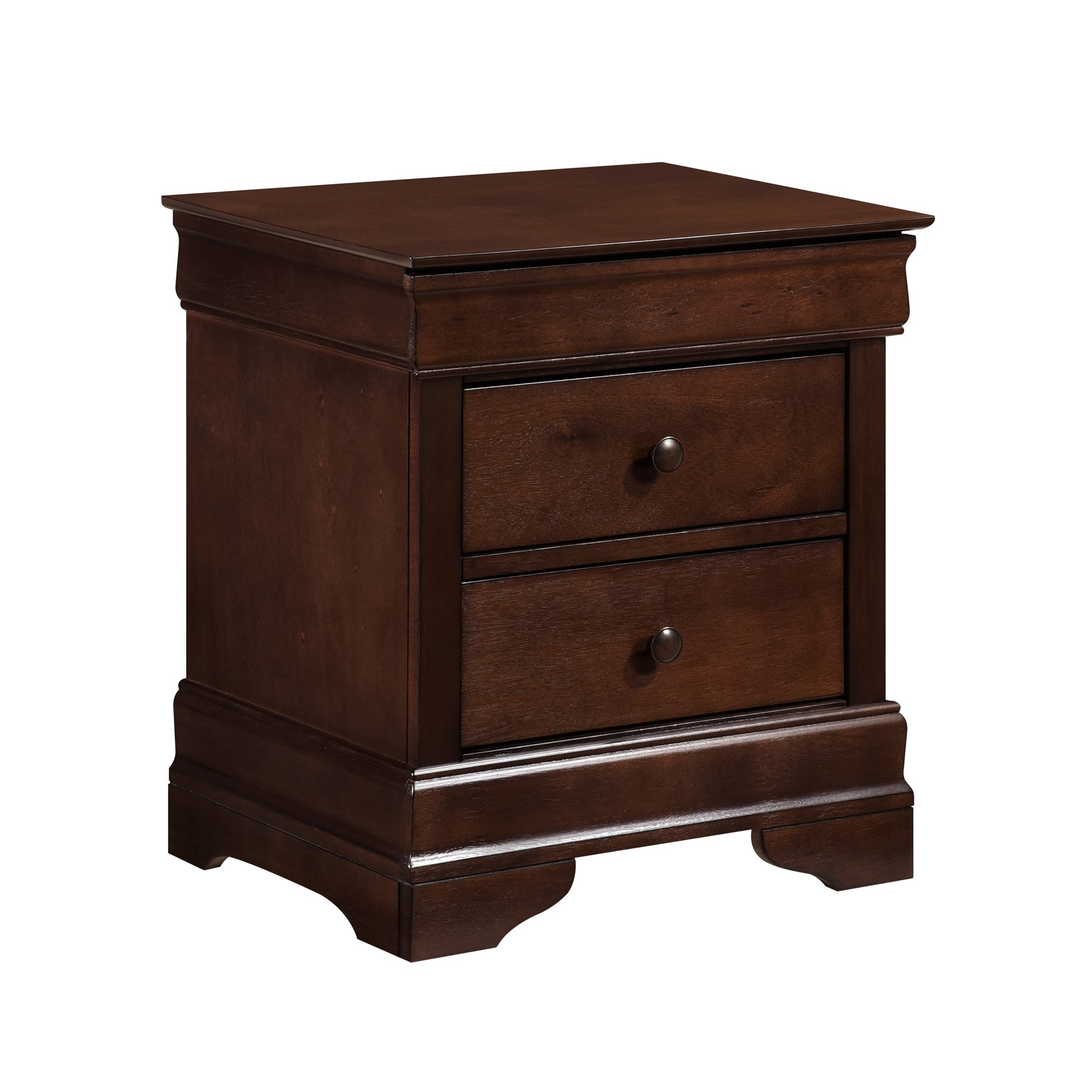 Dark brown wooden nightstand with two drawers and round knobs