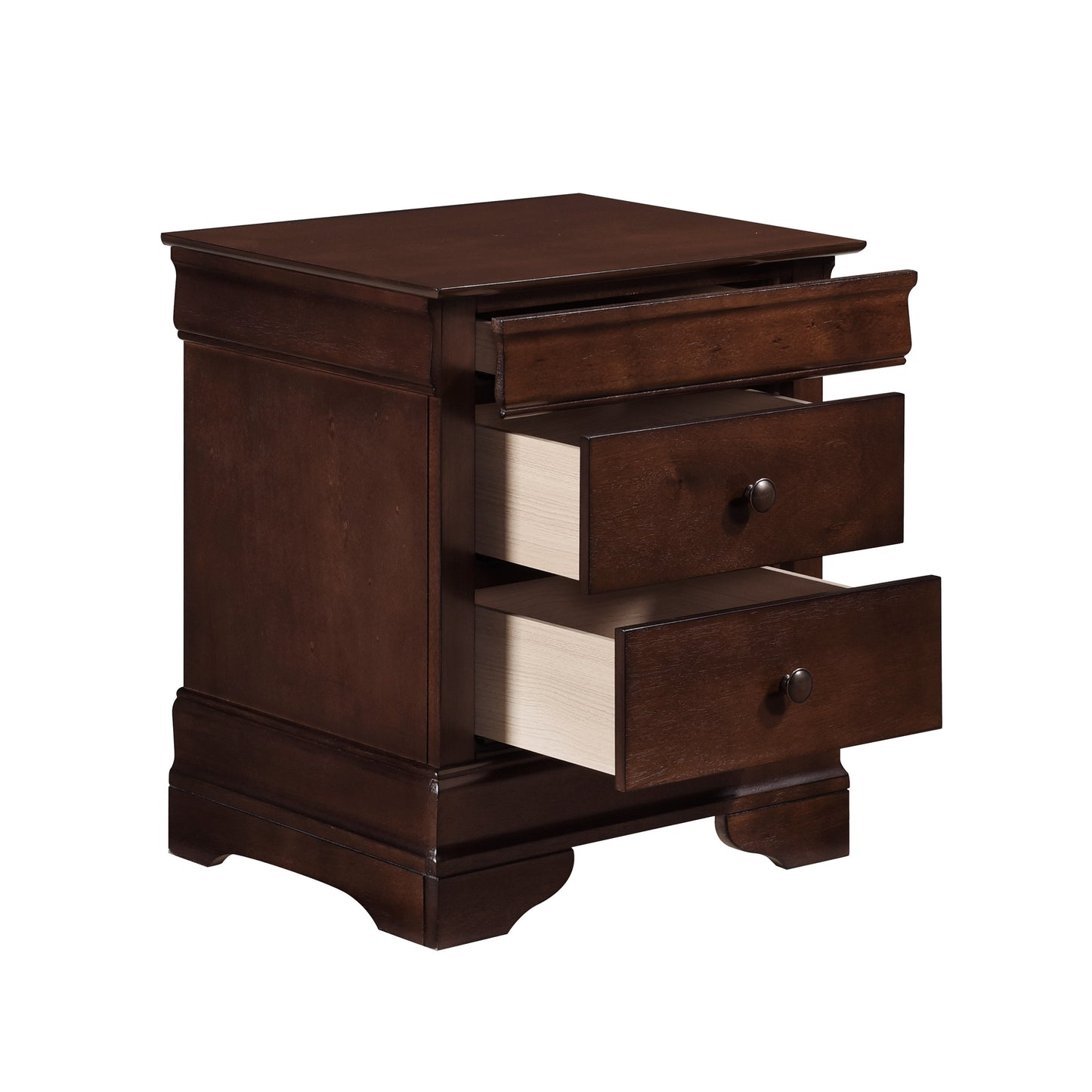 Dark wood bedside table with three open drawers and metal knobs
