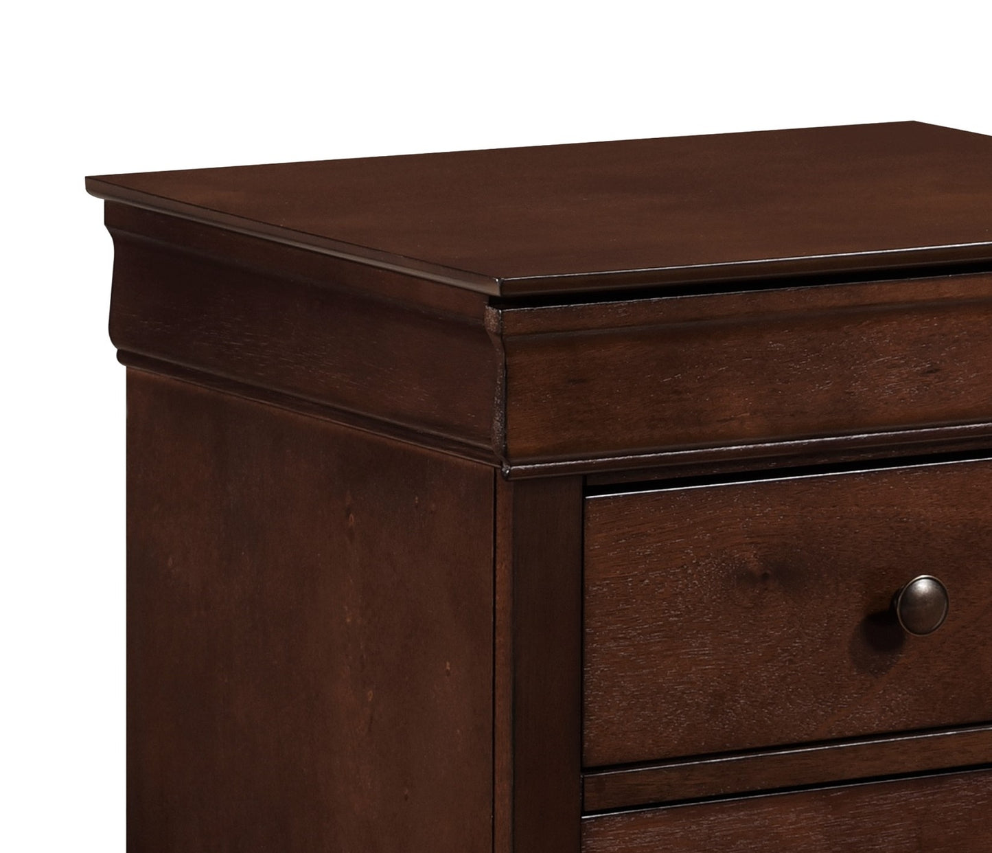 Dark brown wooden dresser top with detailed molding and brass knob
