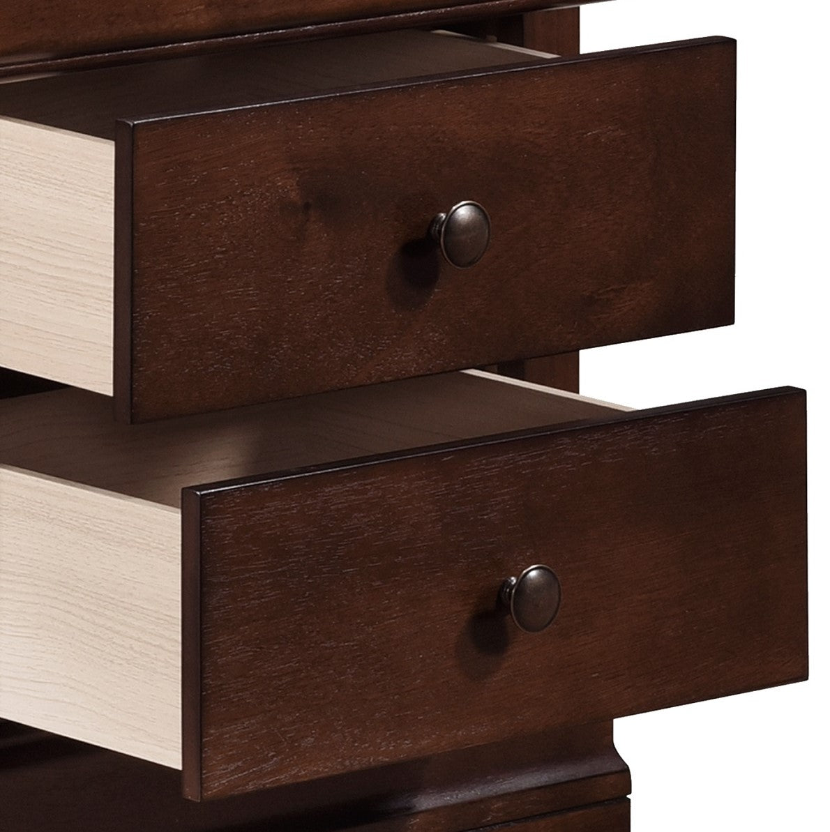 Dark brown wood dresser drawers with antique bronze knobs for bedroom storage