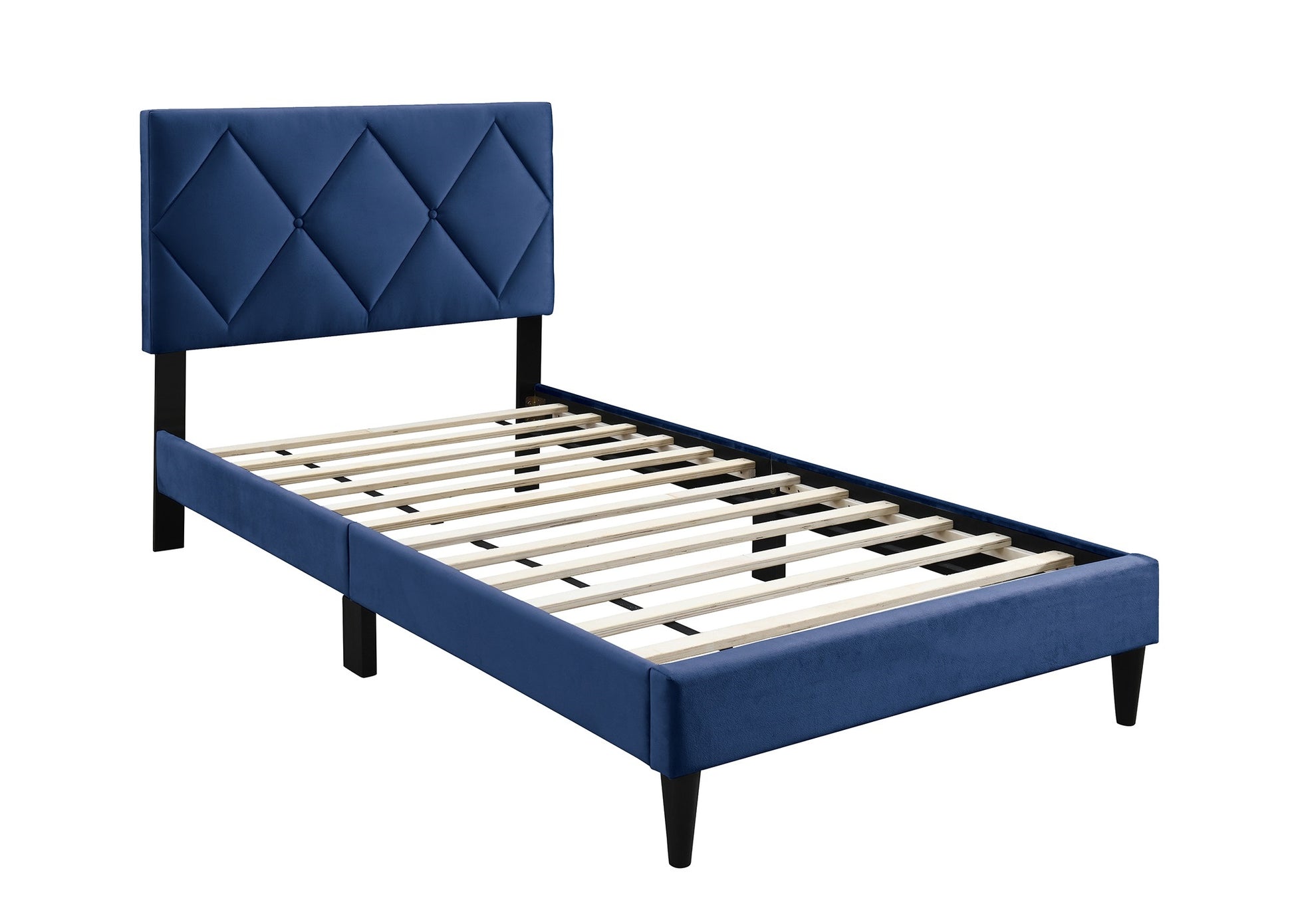 Navy blue upholstered twin bed frame with diamond tufted headboard