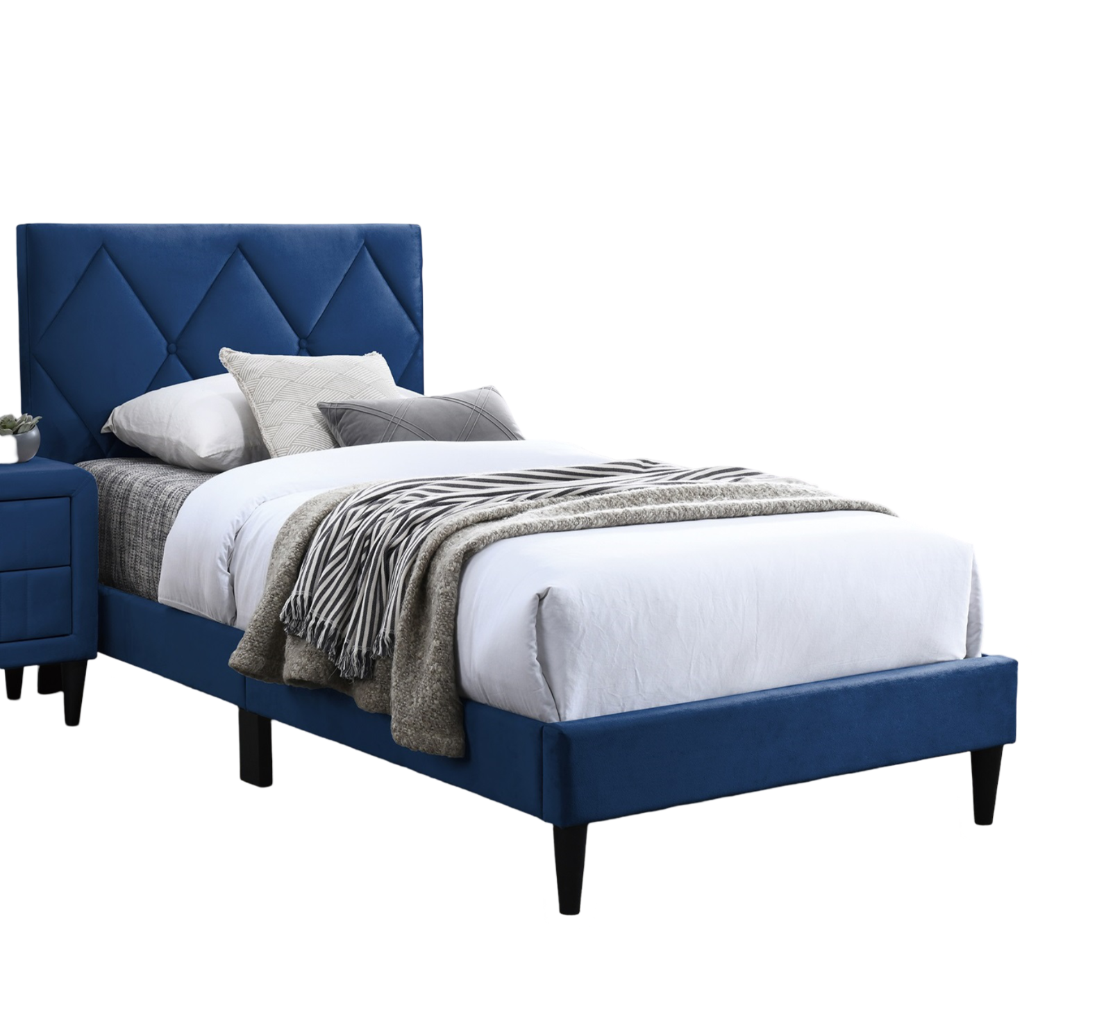 Diamond tufted navy velvet twin bed frame with modern tapered legs