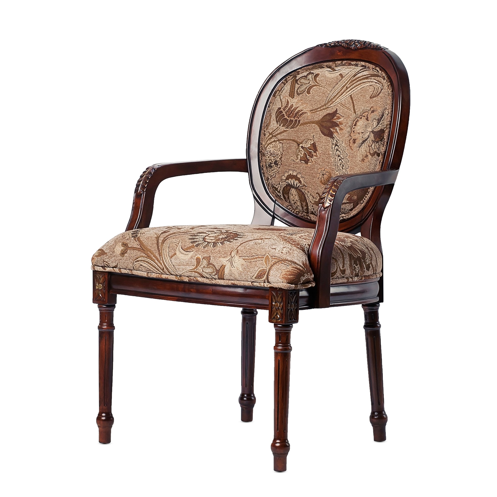 Classic armchair with ornate carved dark wood frame and damask floral upholstery