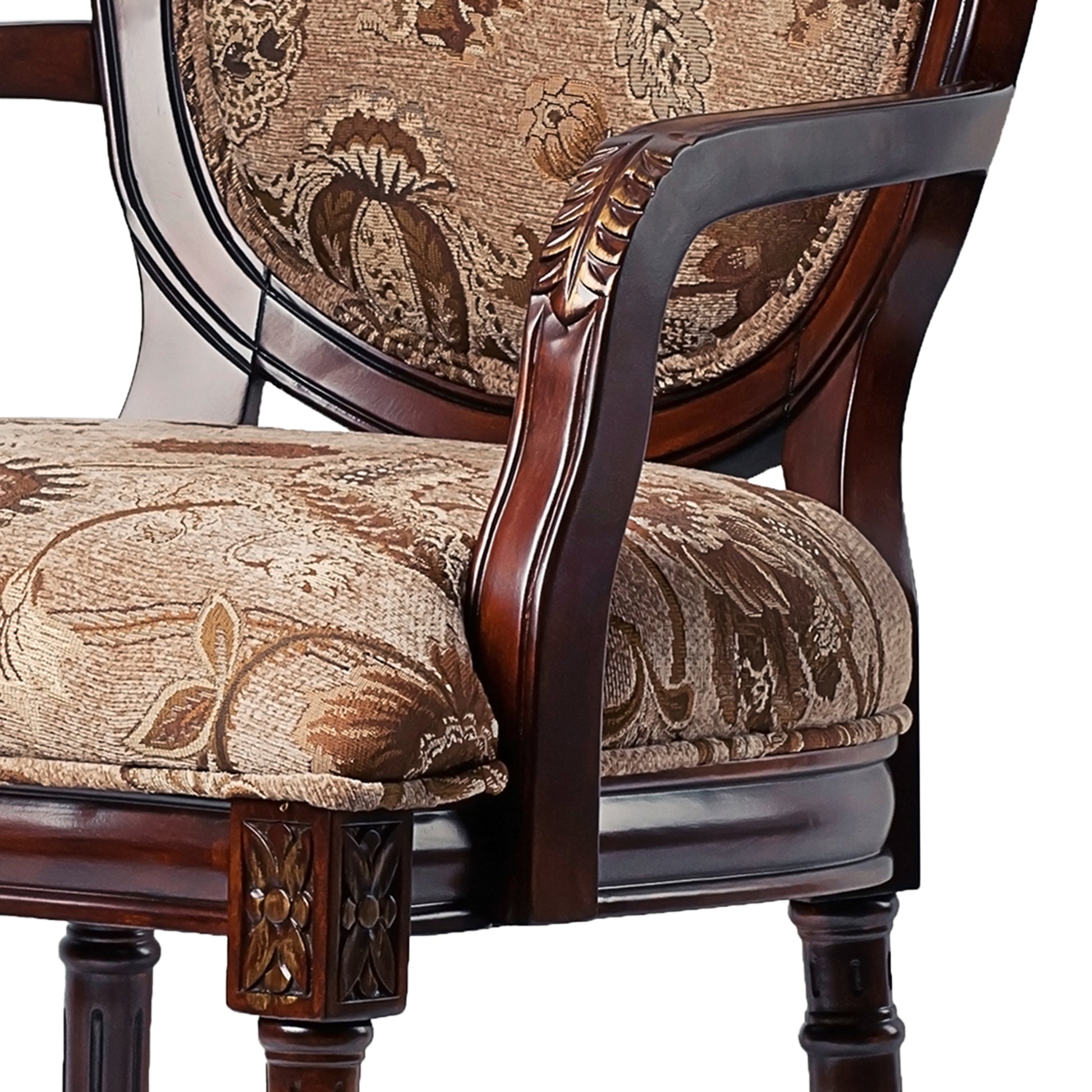 Elegant upholstered armchair with ornate wood carving suitable for classic living rooms