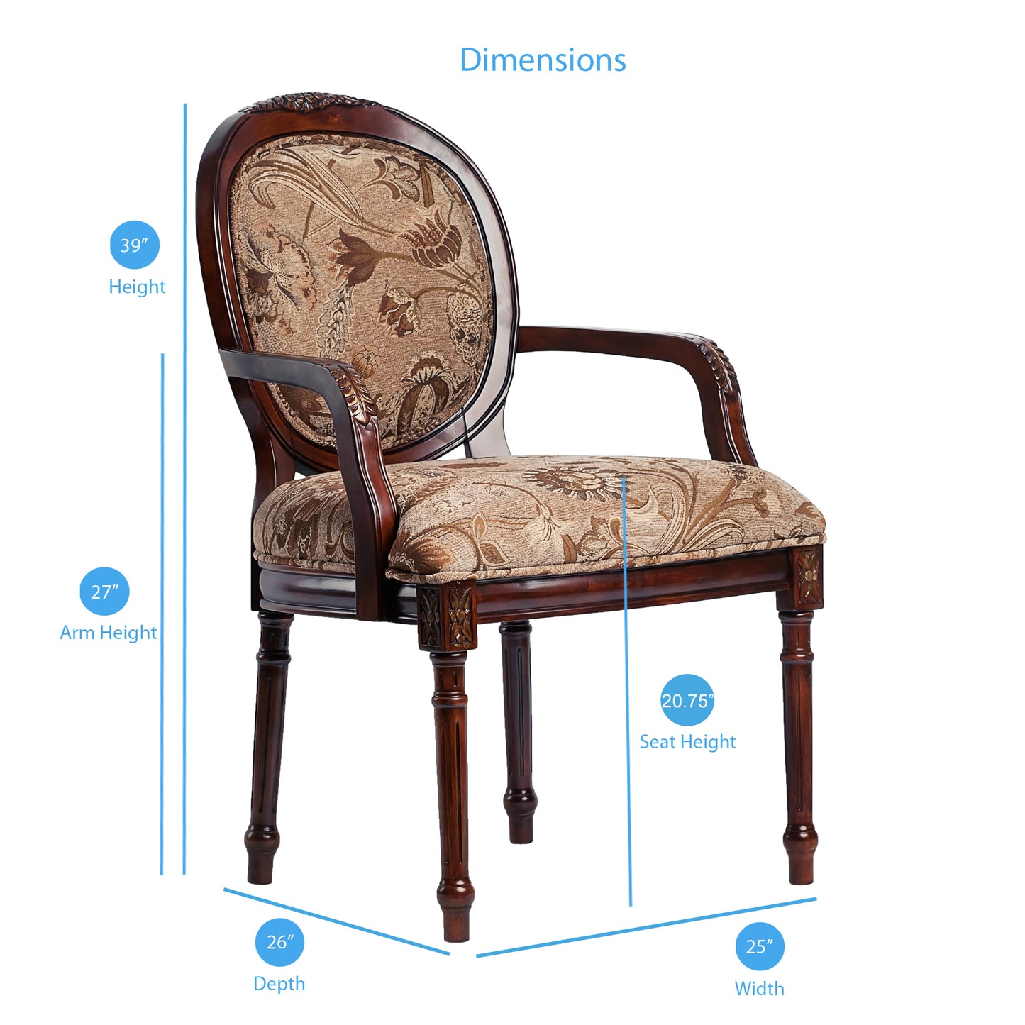 Ornate dark wood armchair with floral patterned upholstered seat and back  height