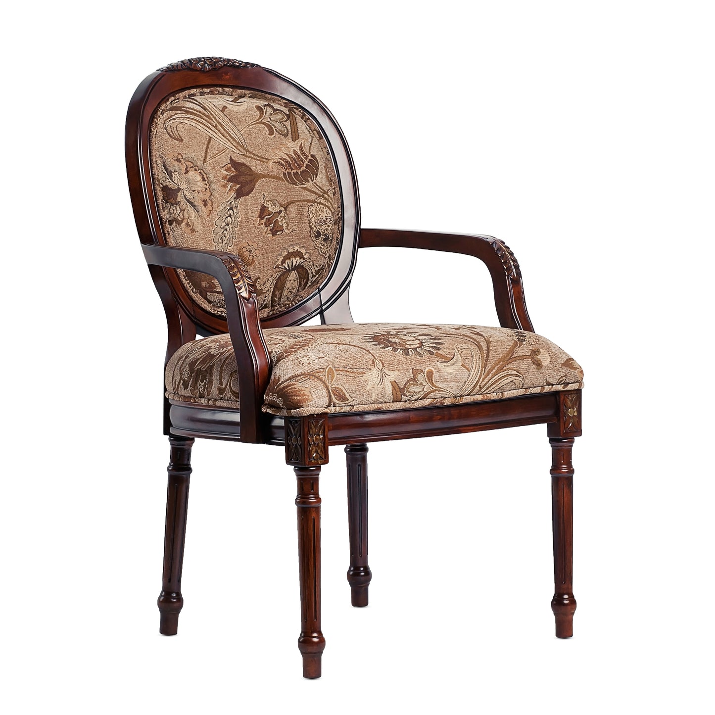 Ornate carved dark wood armchair with brown floral upholstery perfect for a traditional living room