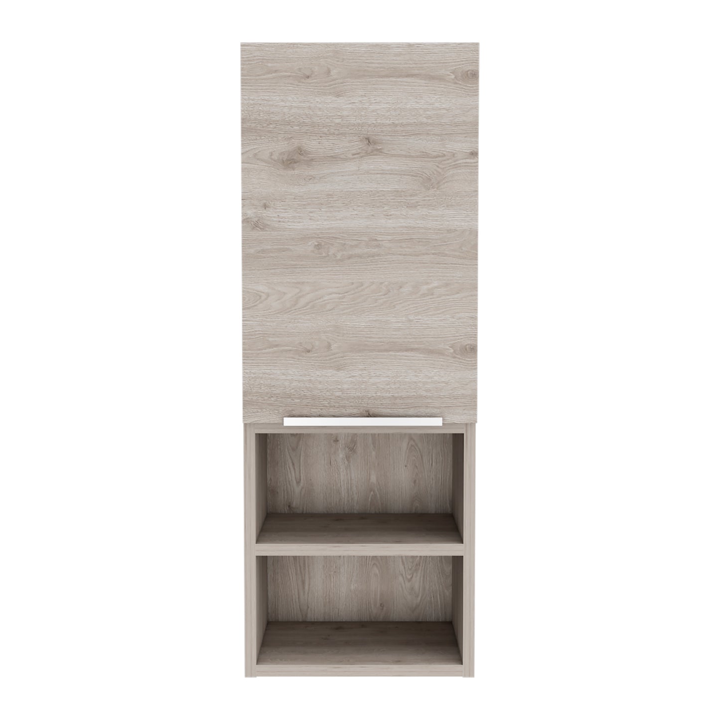 Light oak veneer wall cabinet with a single door and two open shelves below