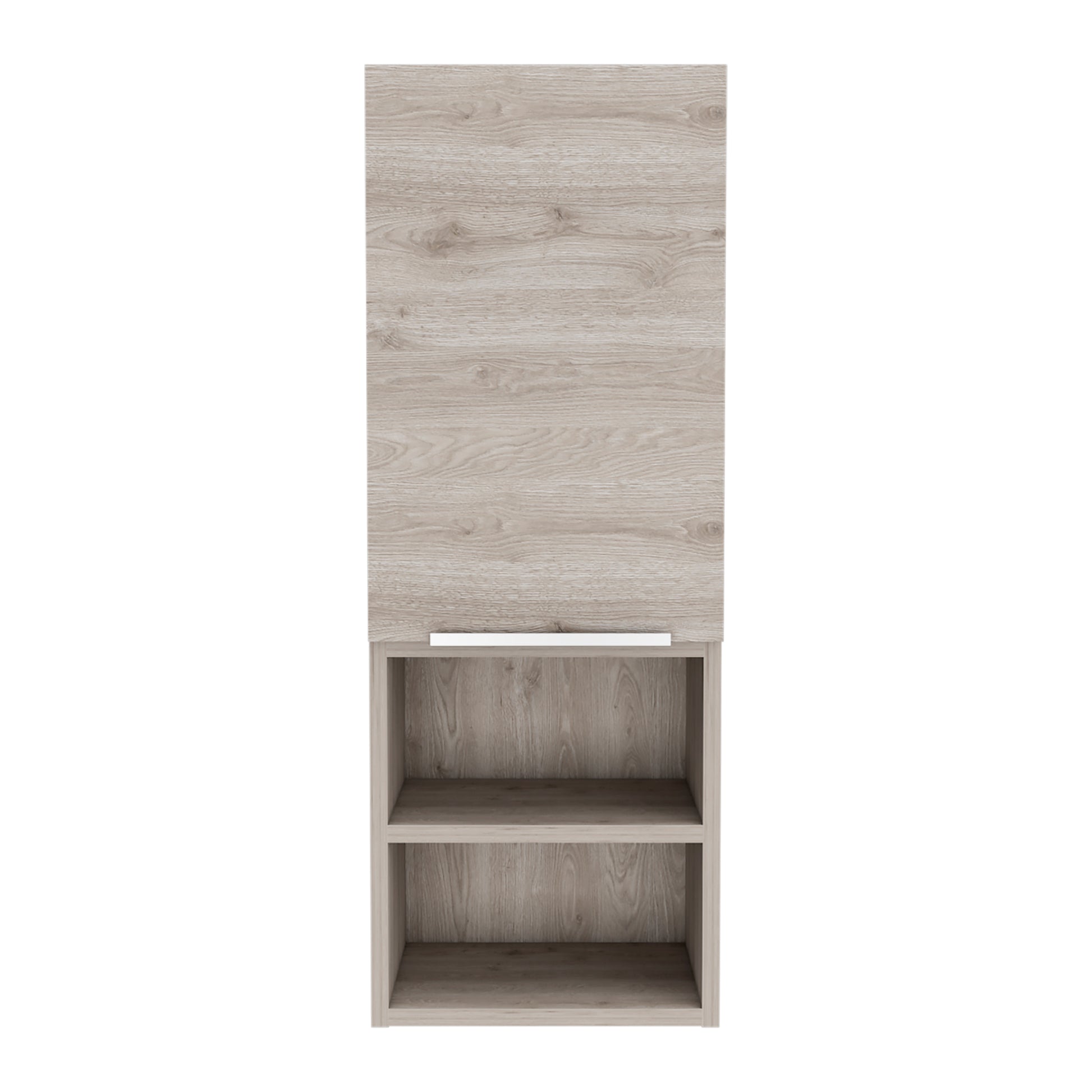 Light oak veneer wall cabinet with a single door and two open shelves below