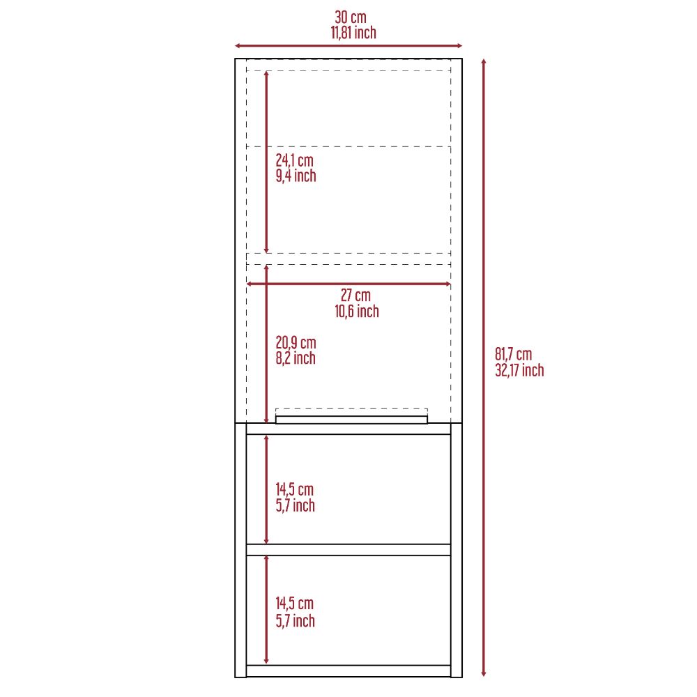 Line drawing showing dimensions of a tall narrow shelving unit with three open shelves