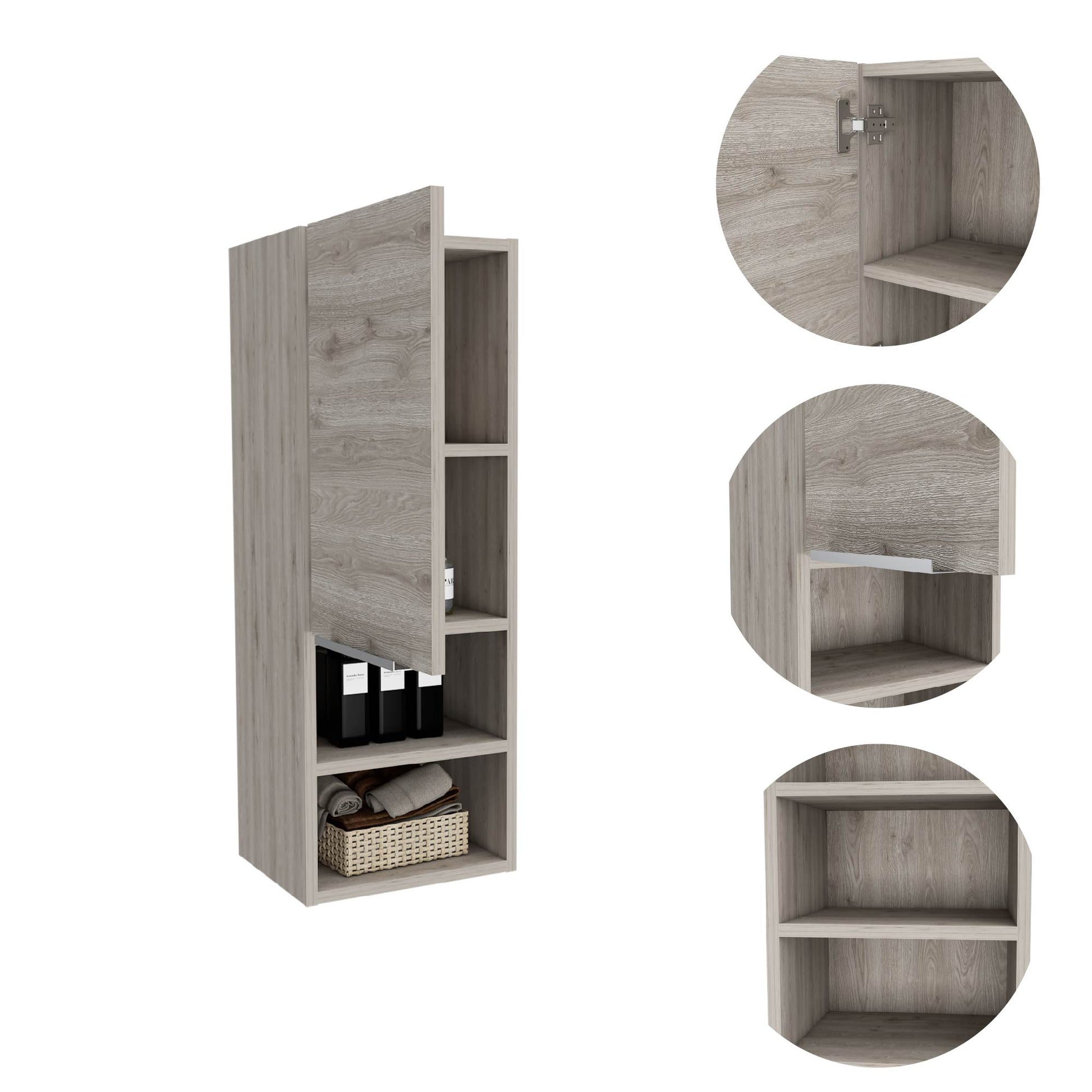 Light oak tall storage cabinet with three open shelves and a single door
