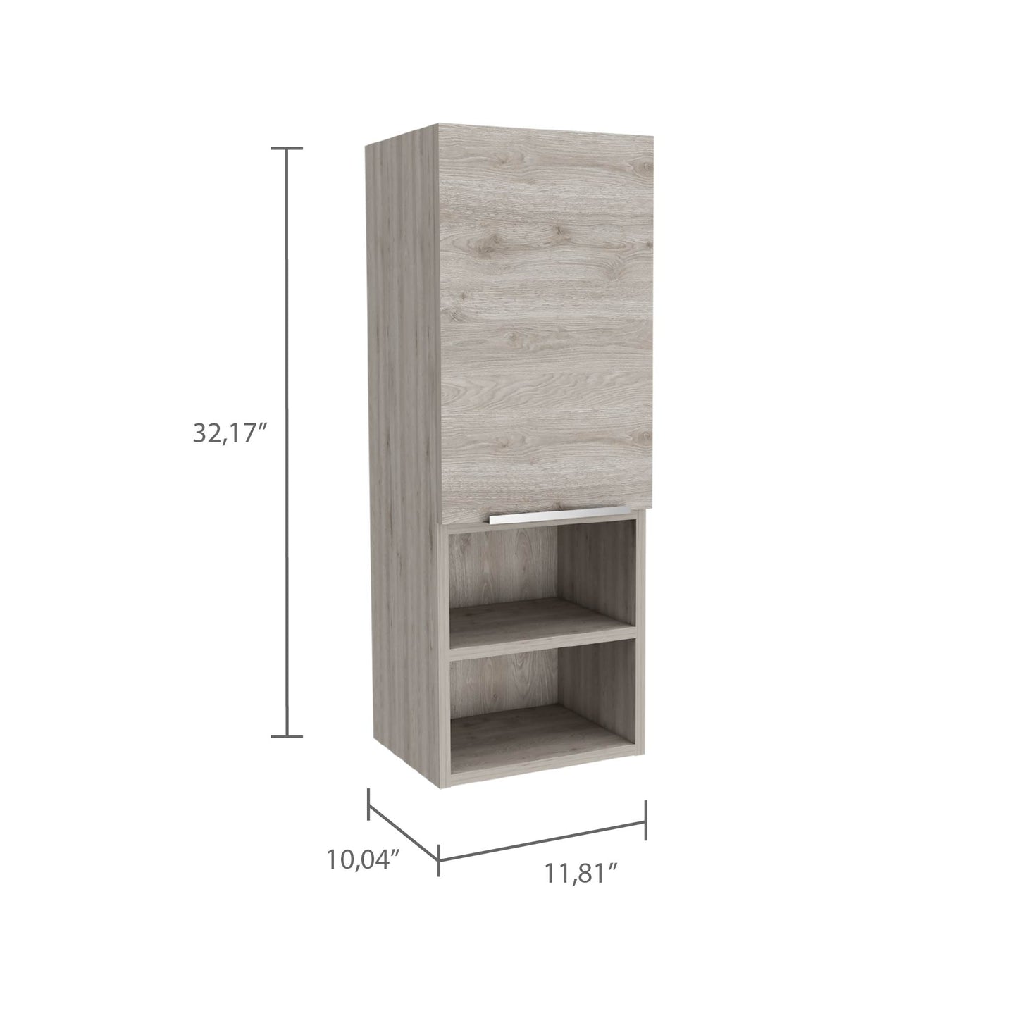 Tall gray wood cabinet with a single door and two open shelves ideal for bathroom storage