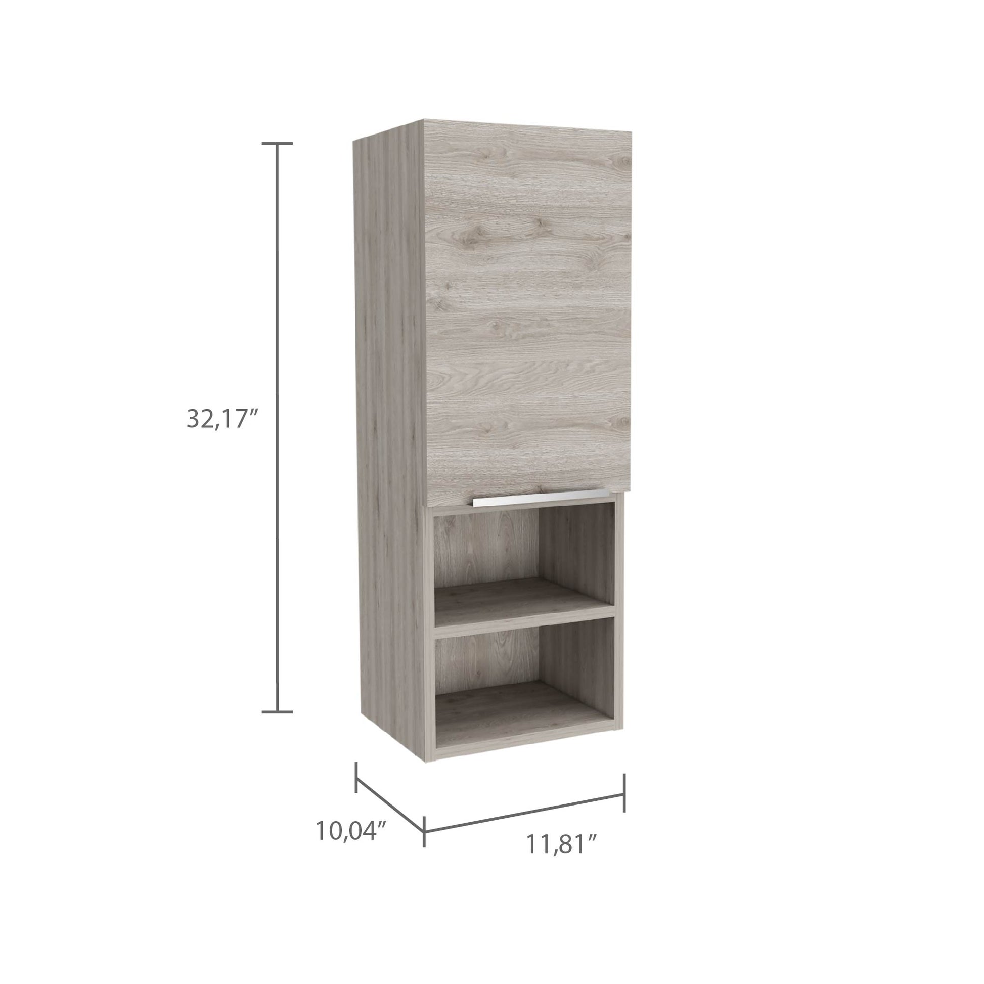 Tall gray wood cabinet with a single door and two open shelves ideal for bathroom storage