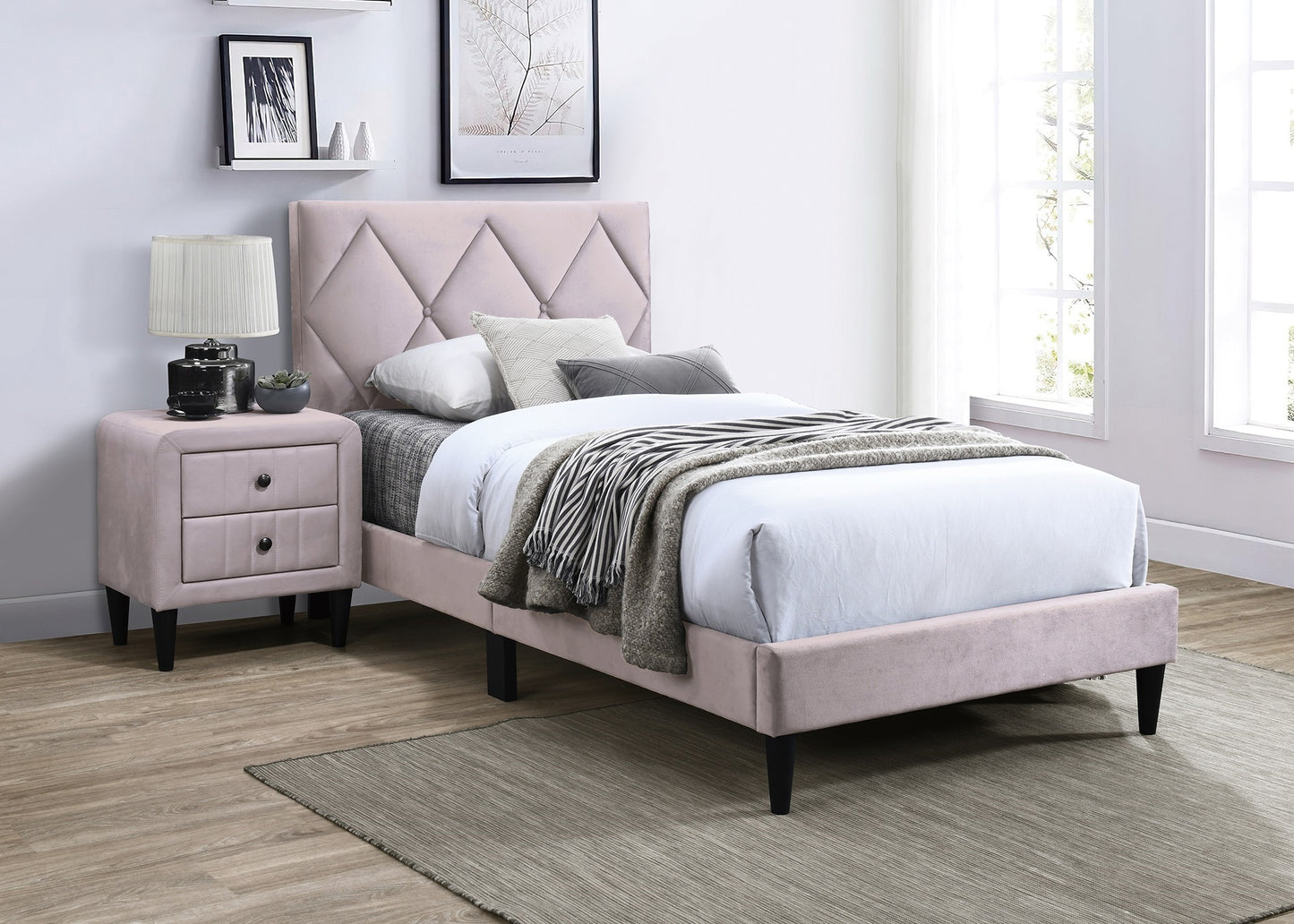 Pink velvet twin bed with diamond tufted headboard and grey throw blanket